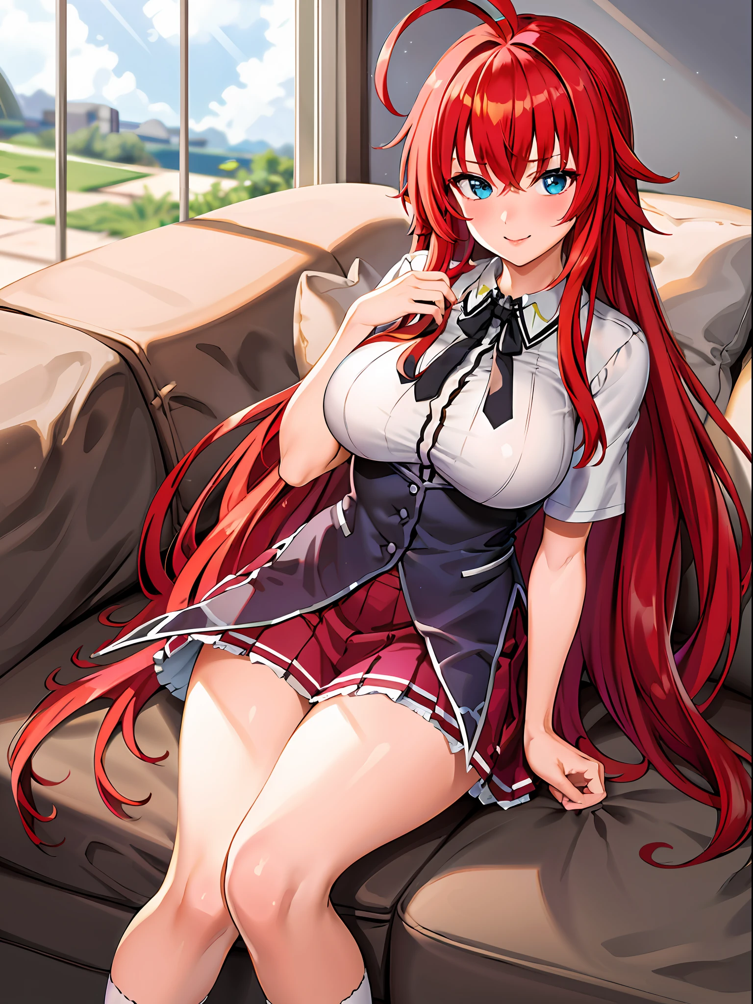 masterpiece, best quality, highres, best quality, highres, rias gremory, 1girl, long hair, school uniform, red hair, ahoge, blue eyes, large breasts, long hair, breasts, skirt, ahoge, high ponytail, short sleeves, white shirt, collared shirt, socks,