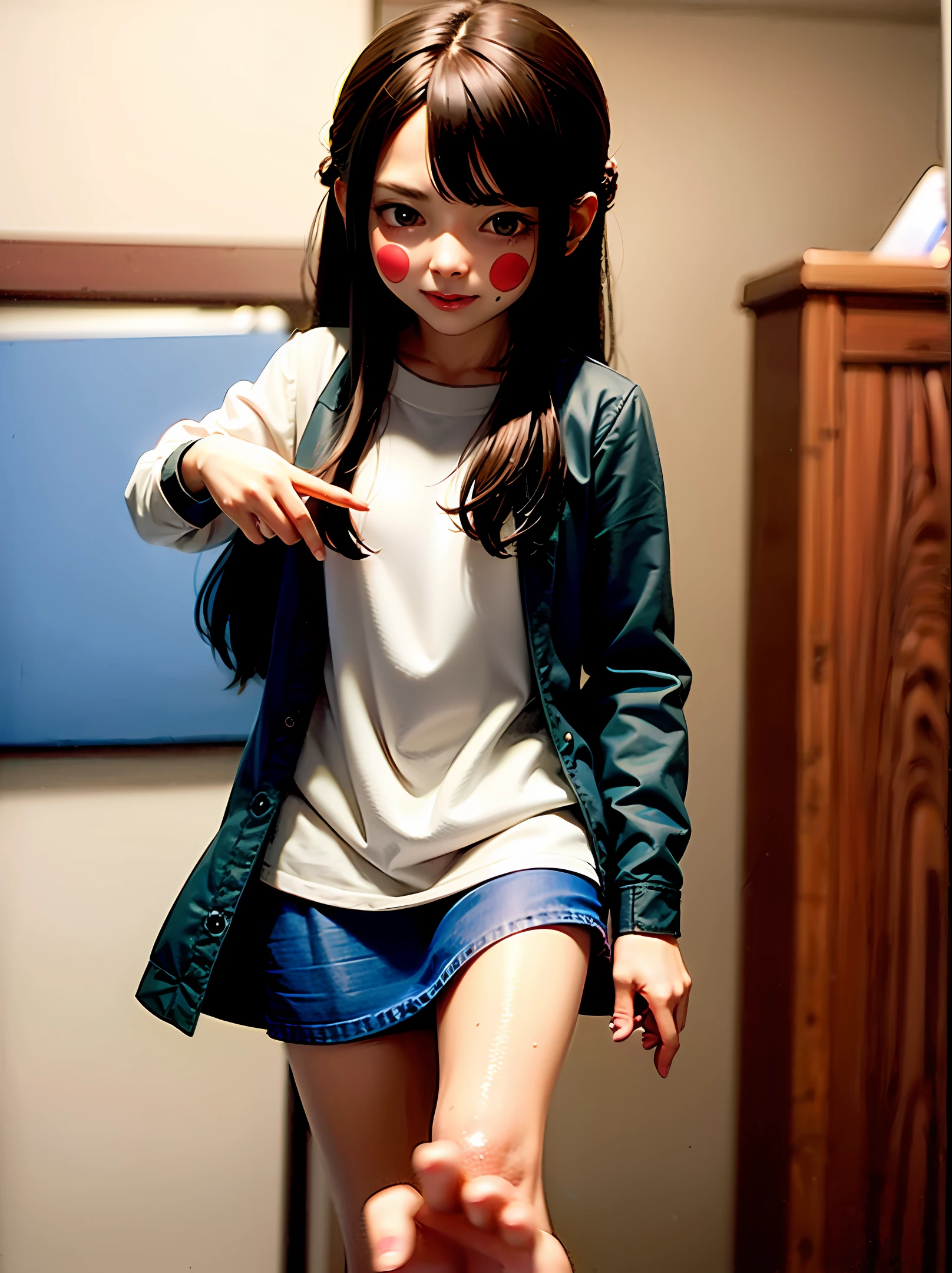 The cute little loli was touched on her head with a red face and a big hand