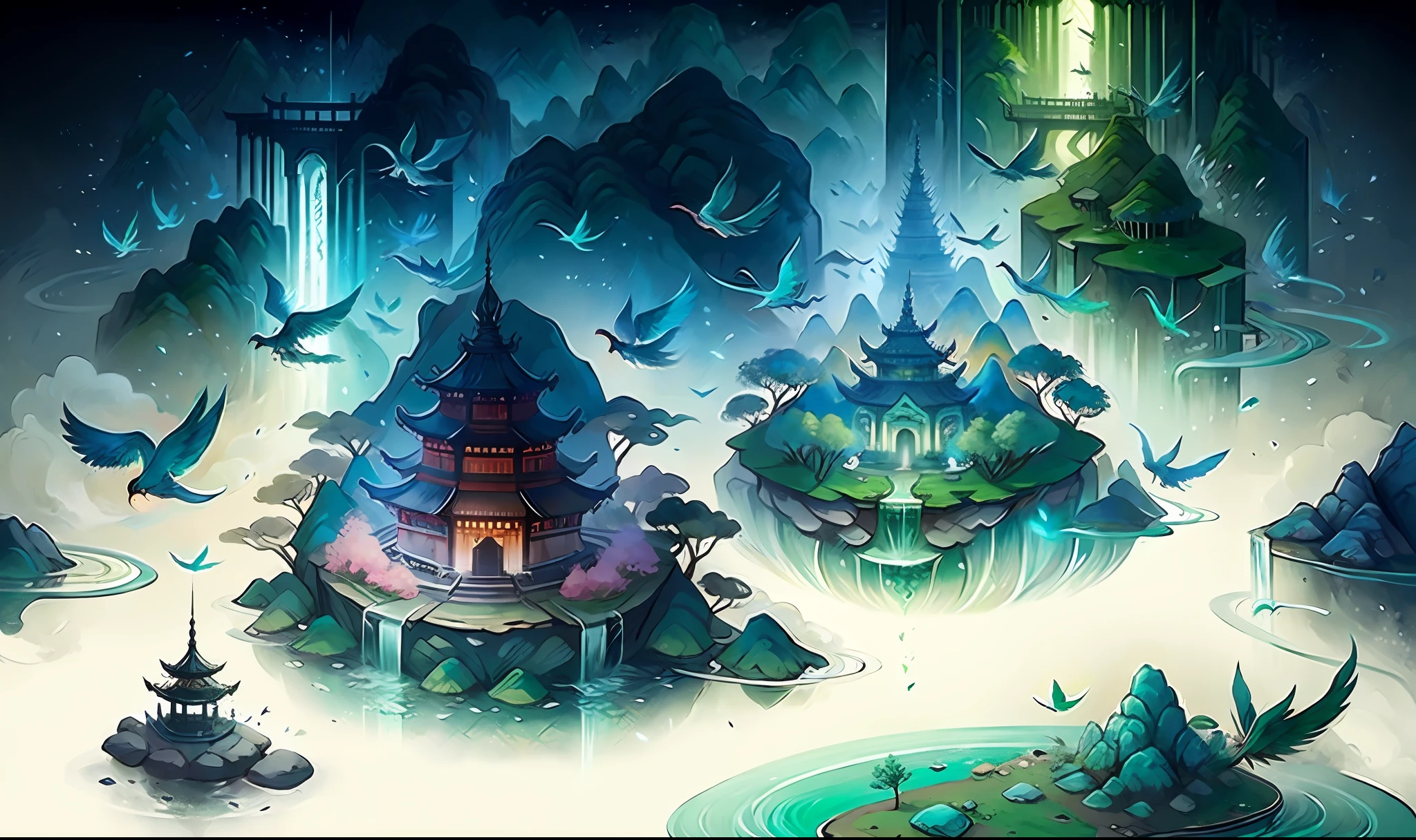 Scenes in the world of immortal cultivation can be colorful wonderlands, emerald green mountains and bizarre mountain peaks, lakes and waterfalls floating with spiritual light. The mysterious Xiuxian Pagoda towers in the distance, releasing a magnificent and solemn aura. There are various spirit beasts and birds floating in the air, like creatures in a fairyland.