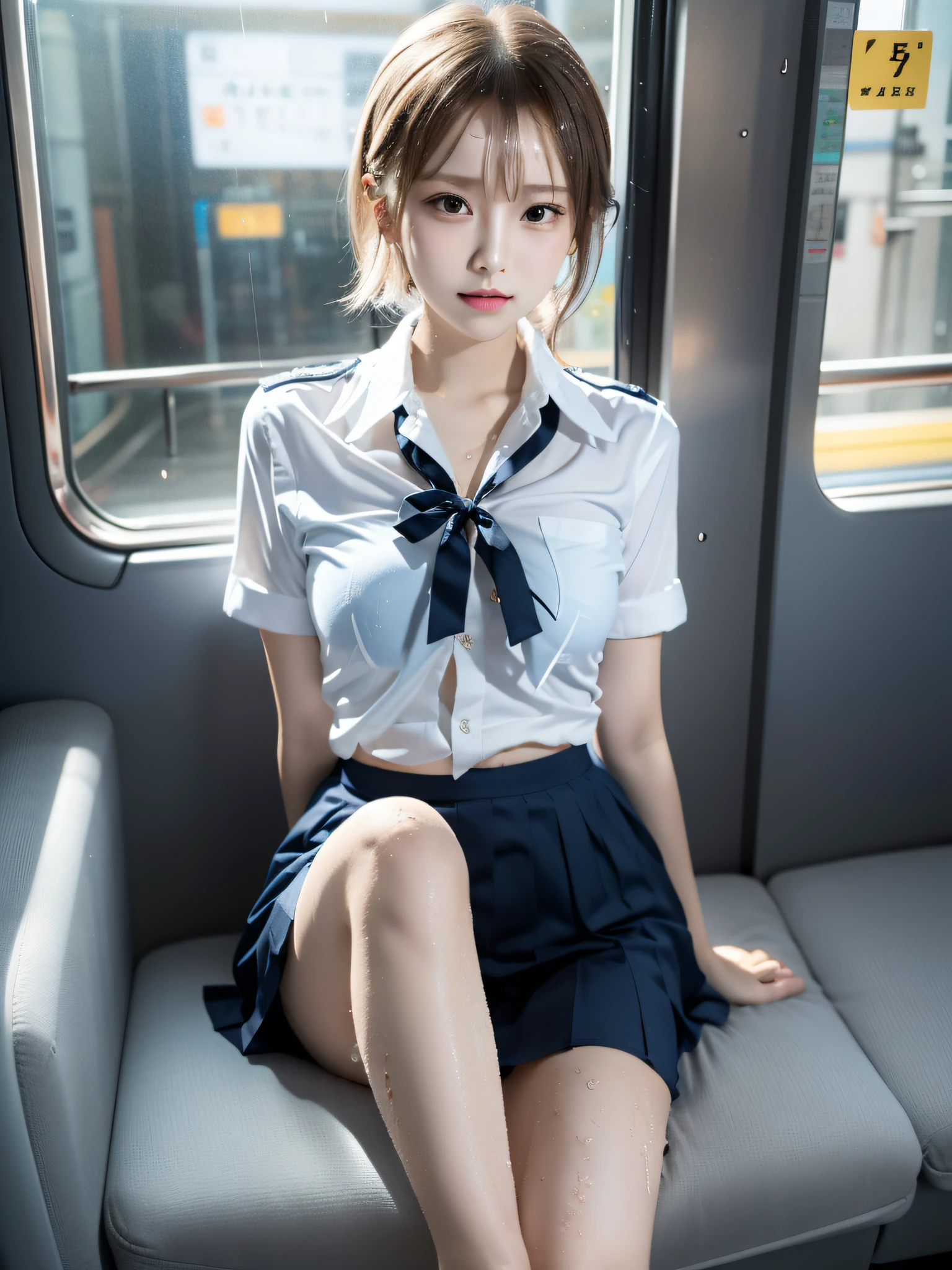Japanese Girls、18歳の女の子、ple short hair、Blond Hair、bangs、BROWN EYES、Perfect figure、Sense of transparency、luster、gloss、modest chest、School Uniforms、Navy blue ribbon、Light blue shirt、Navy blue skirt、Guangyue、Burning body、hposing Gravure Idol、On the train、Beautiful feet、Strong sunlight、Nasty、Rain-drenched body、wet、actress、hposing Gravure Idol、Nogizaka Idol、korean idol