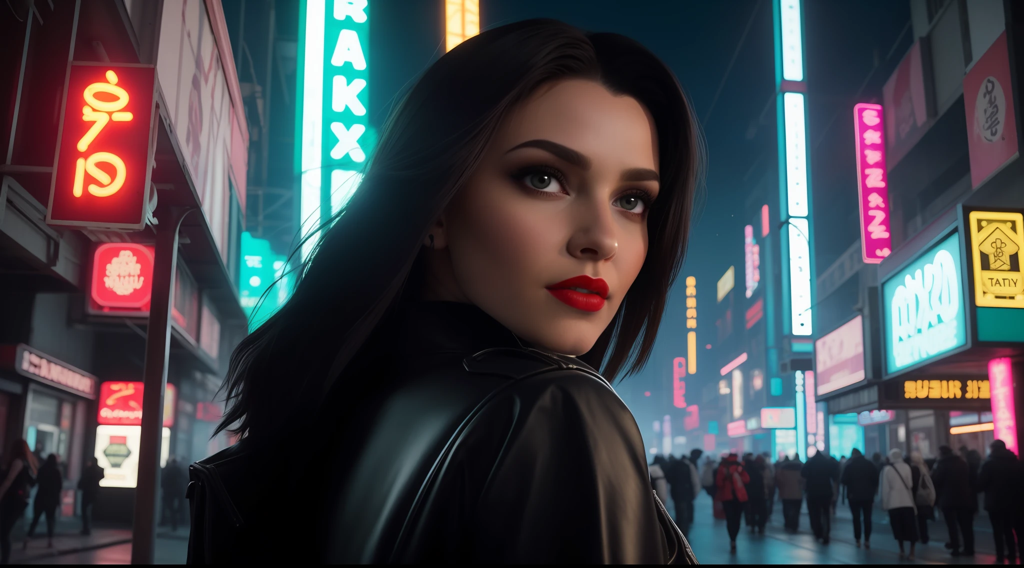 Close-up, uma supermodelo russa muito bonita, cabelos loiros, side cut hair, com quadris muito largos e cintura estreita, full lips, cintura pequena e quadris grandes, Red lipstick, com roupas cyberpunk em uma cidade cyberpunk movimentada com placas de neon, blade runner aesthetics, neon lights, foco nítido, Studio photo, detalhes intrincados, altamente detalhado, profundidade de campo, foco nítido, High detail, textura de pele realista, Realistic, fotorrealista, arte digital, pintura fosca, Directed by: Greg Rutkowski