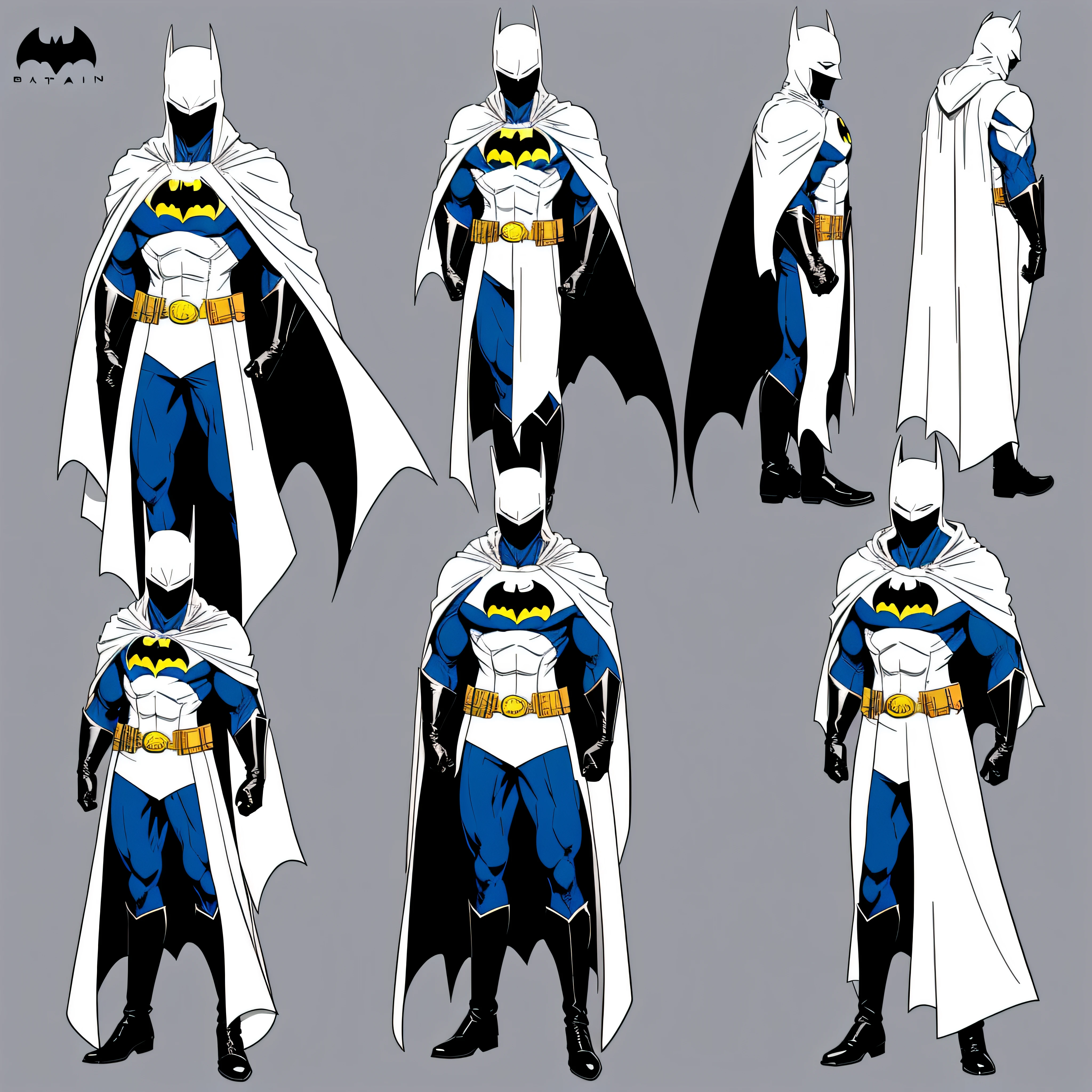 ((super detailed)),(((best quality))),(Character design sheet), ((the same character)) anime style. (1 character), batman+moon knight, for a concept art sheet character, (strong body), (white color batman similar mask, white hood). costume: a white cape with a black gradient,
Moon knight costume with details and mixture of batman costume,
a bat from batman's costume in white.