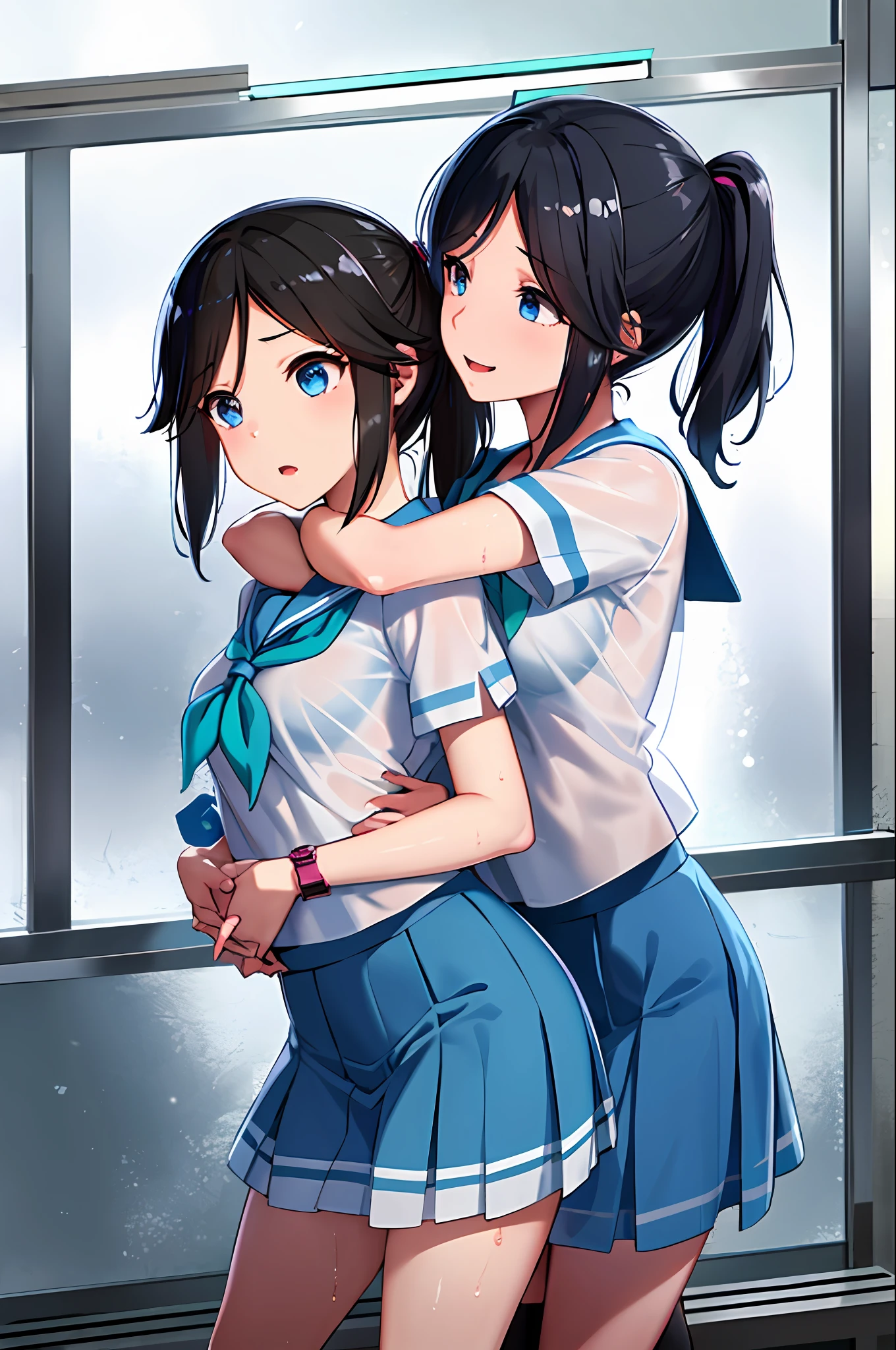 masterpiece, best quality, highres, nozomi1, 2girls, kasaki nozomi, school uniform, blue eyes, black socks, ponytail, sailor collar, blue skirt, black hair, blue sailor collar, pleated skirt, blue neckerchief, short sleeves, long hair, white shirt, kneehighs, wristwatch, bangs, cowboy shot, yuri, breast grab, fondle breasts, hug from behind, hands on breasts, small breasts, wet clothes, see-through shirt, no bra, , young, child, e schoo