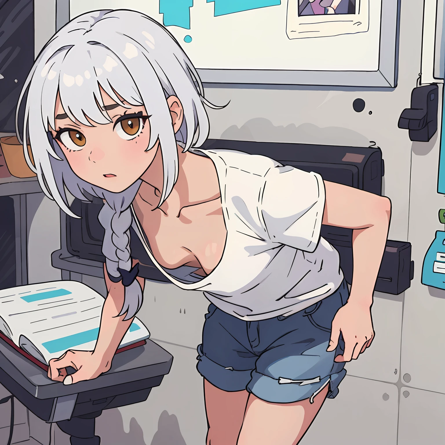 (masterpiece:1.2, best quality), (highly detailed:1.3), 1girl, medium hair, white hair, unkempt hair, braid, loose t-shirt, leaning forward, small breasts, nipple, extended downblouse,