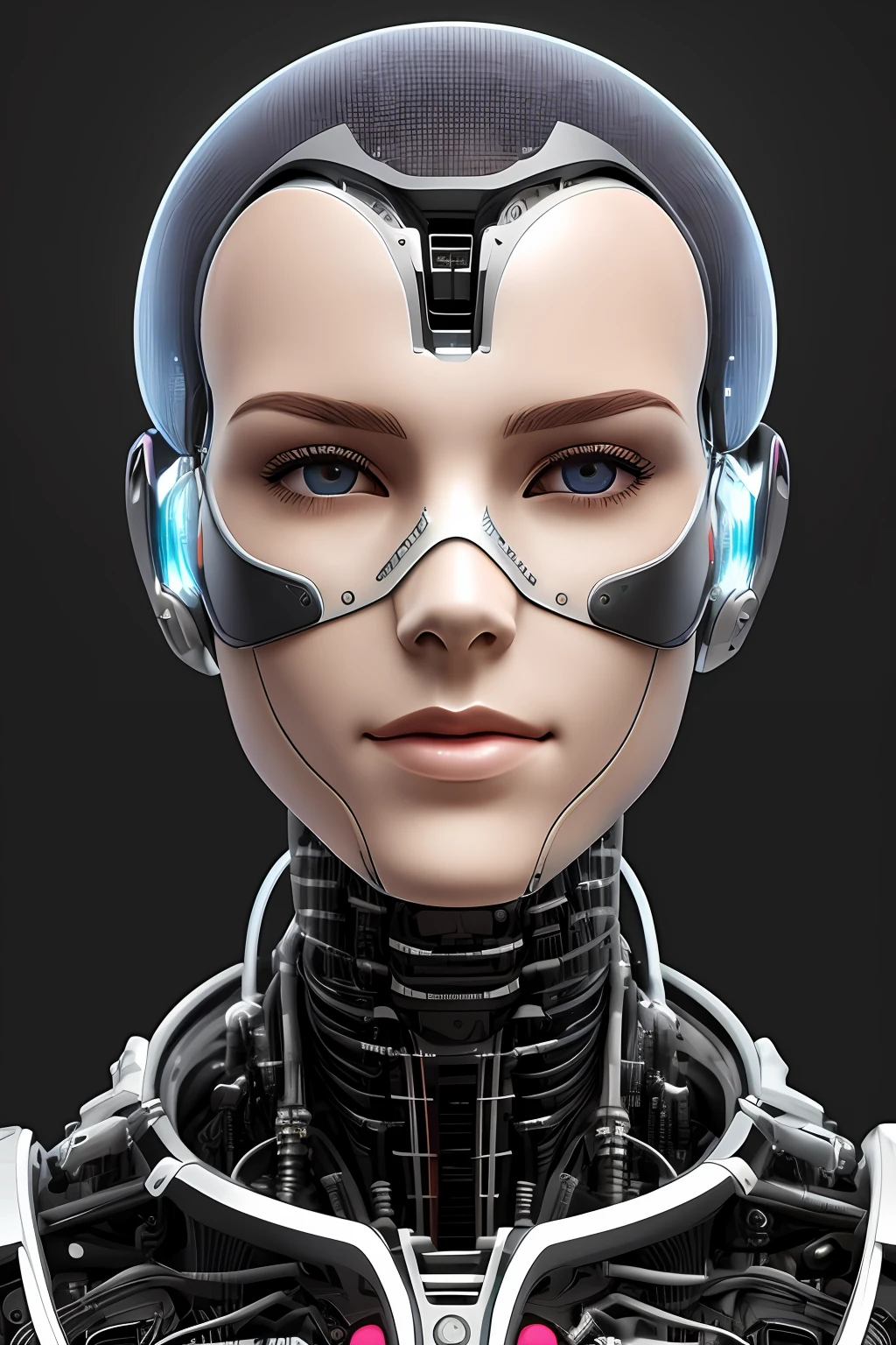 Cyborg face |Mechanical forehead,Mechanical cheeks,Female positive |Flesh-colored skin |Electronic systems: overhead humanoid robots |The details of the brain are right in front of you |Detailed connecting lines for the face |Biopunk |scybernetic |cyber punk perssonage |Canon M50|100mm|sharp fokus |ultra-realistic realism |The is very detailed|intricately details |Front view |head straight-looking at viewer |1 head per body,face to the viewer,Complex mechanical masks,fluorescence
