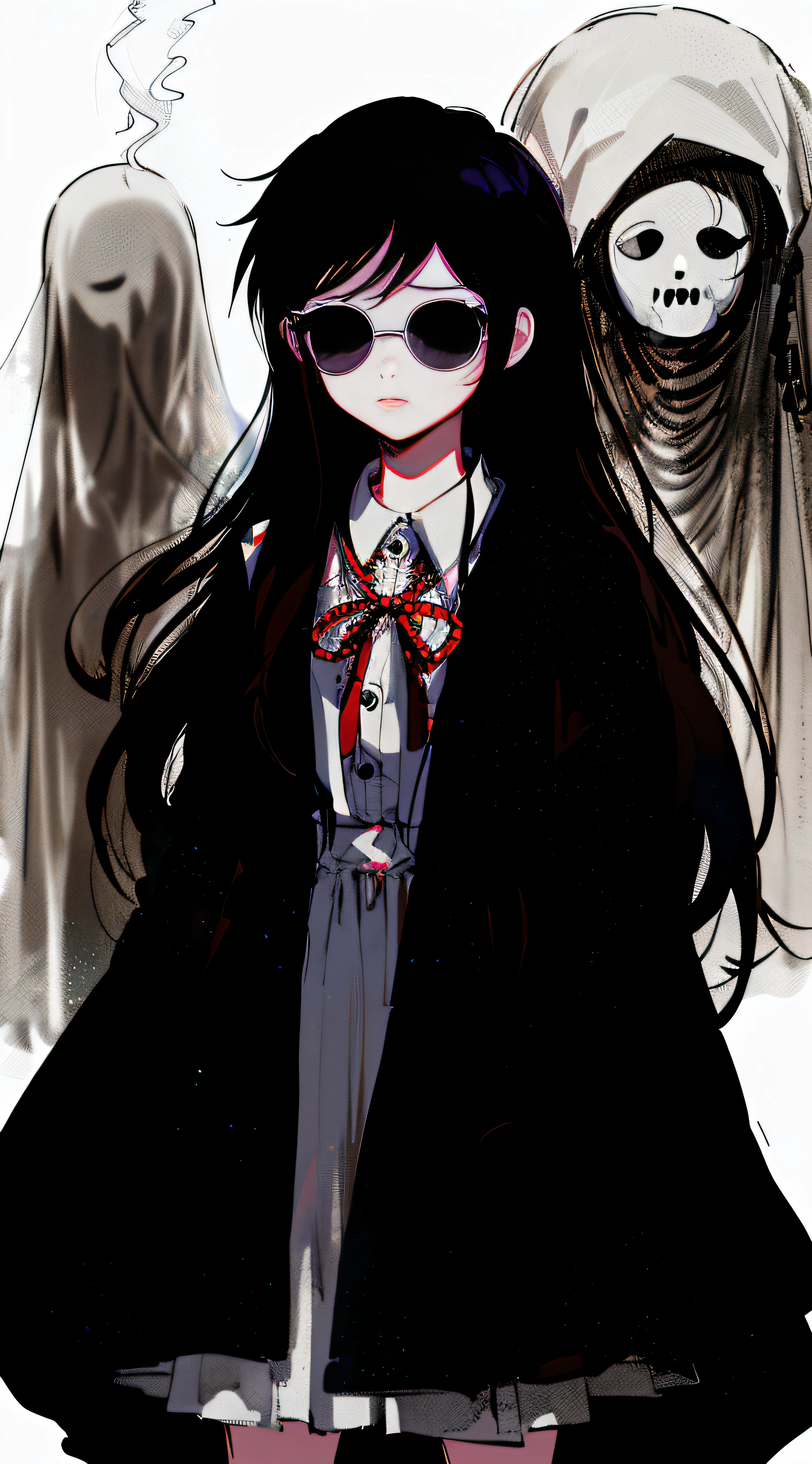 Anime girl with long black hair and white mask and black cape, junko enoshima from danganronpa, Junko Enoshima, 1 7 - year - old anime goth girl, by Jin Homura, digital art from danganronpa, chiaki nanami from danganronpa, akane owari danganronpa