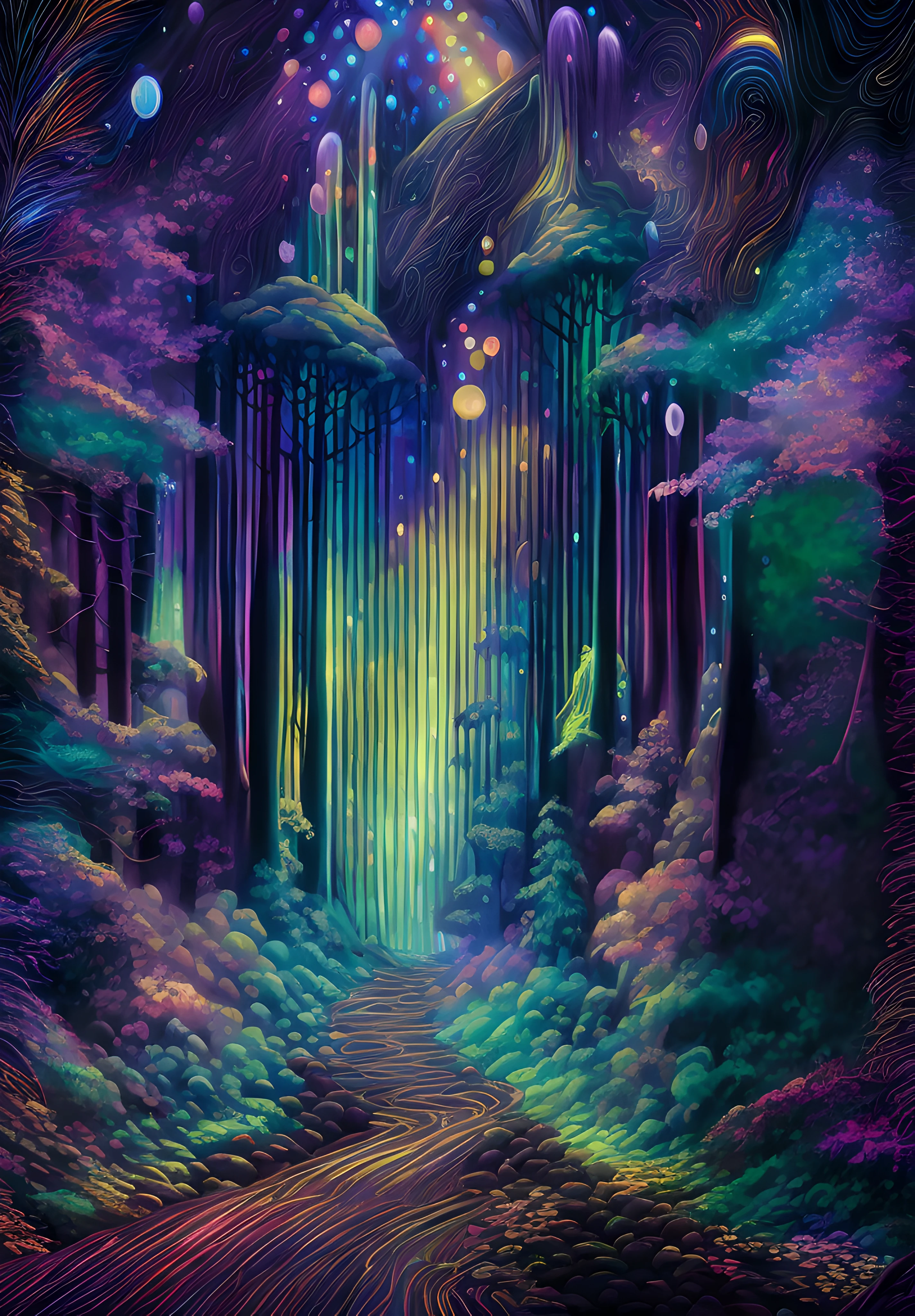 a painting of a colorful forest with a waterfall and a waterfall, psychedelic forest, magical fantasy forest, psychedelic lush pine forest, magical forest, enchanted magical fantasy forest, intricate rainbow environment, magical forest backround, enchanted and magic forest, fantasy forest, magic forest, entrance to ethereal realm, crystal forest, cyber space forest scene, magical colors and atmosphere