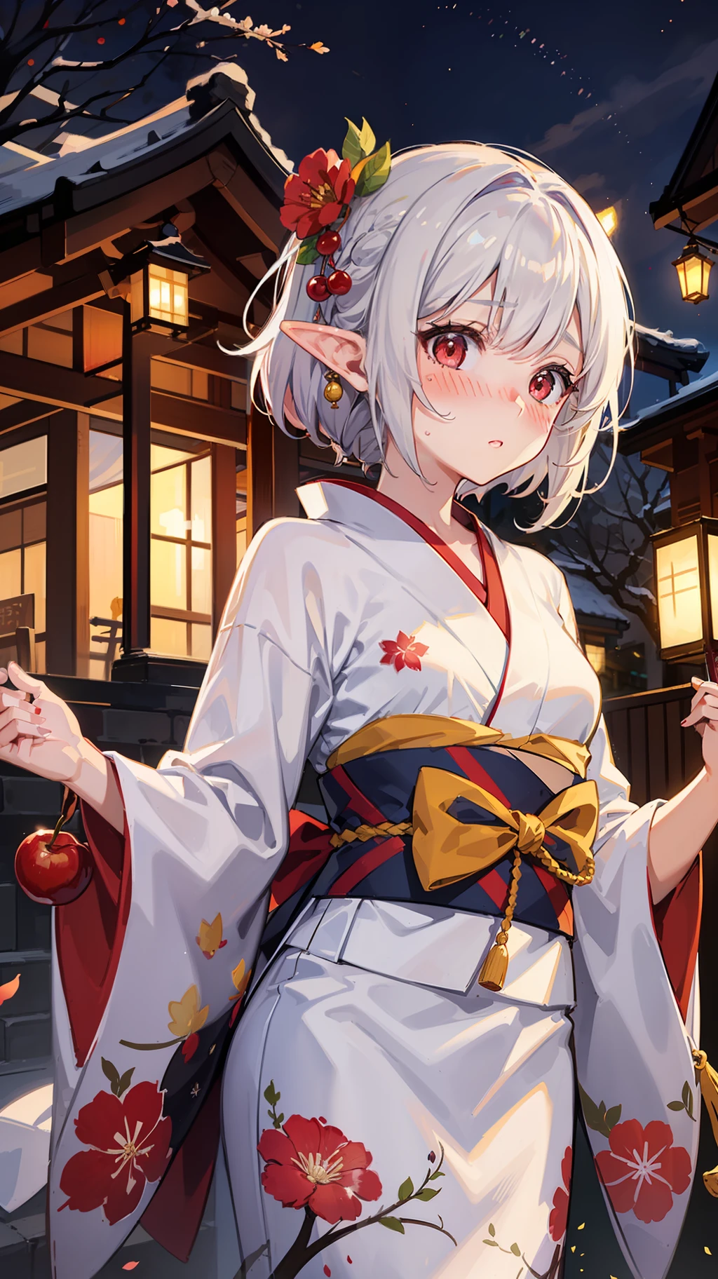 ((Embarrassing)), ((red blush)), 1 Whole body of a girl, elvish, silber hair, Red Eyes, bob cuts, Braided hair, Fluttering hair, Yukata, japanese festival, toffee apple, natta, nighttime scene, concept-art, beautiful anime scene, Beautiful anime scenery, top-quality, masterpiece