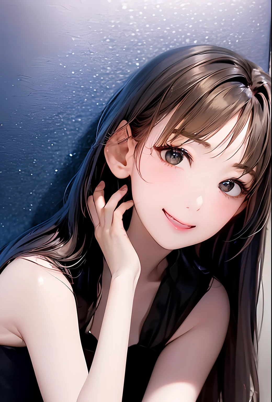 (in 8K、top-quality、masterpiece:1.2)、(realisitic、Photorealsitic:1.37)、高精細CG統合8K壁紙、(HQ Skin:1.8、shiny skins)、8KUHD、Digital SLR、Soft lighting、hightquality、Film grain、FujifilmXT3(Professional Writing:1.6)、ultra-detailliert、女の子 1 人、cute little、独奏、mid night、Beautiful detailed sky、Detailed Cafe、sitting on、date、(Nasal blush)、 (smile1.15)、(Keep your mouth shut)small tits、beautiful tbig eyes、Floating Hair NovaFrogStyle、