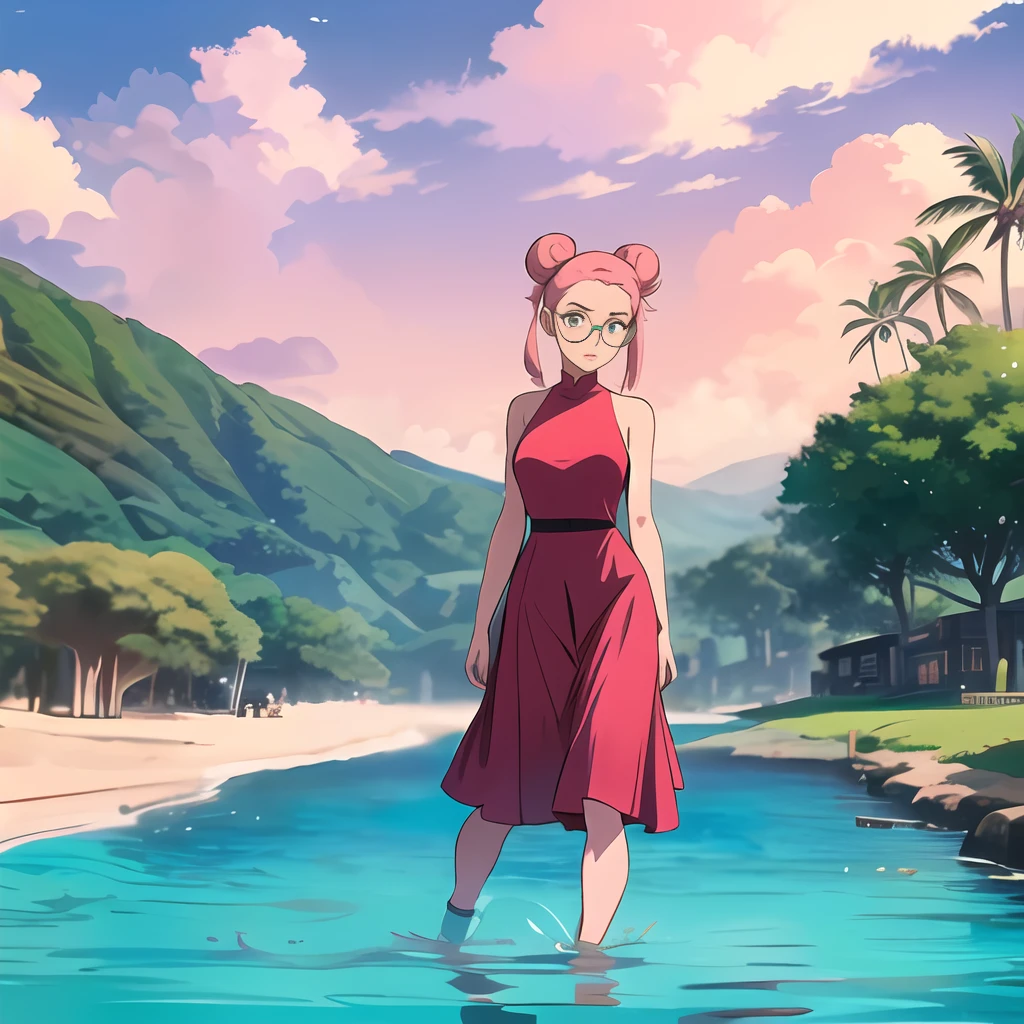 beautifull and tall girl with small eyes, she is like 6 feet tall, "Side buns" pink pigtails hair, ((girl glasses)), big lips, vintage 90's anime, walking in the streets of Hawaii, esmerald and turquesa colors landscape; pastel green water, theres just 2 persons in the scene, higly detailed faces, well drawing hands
