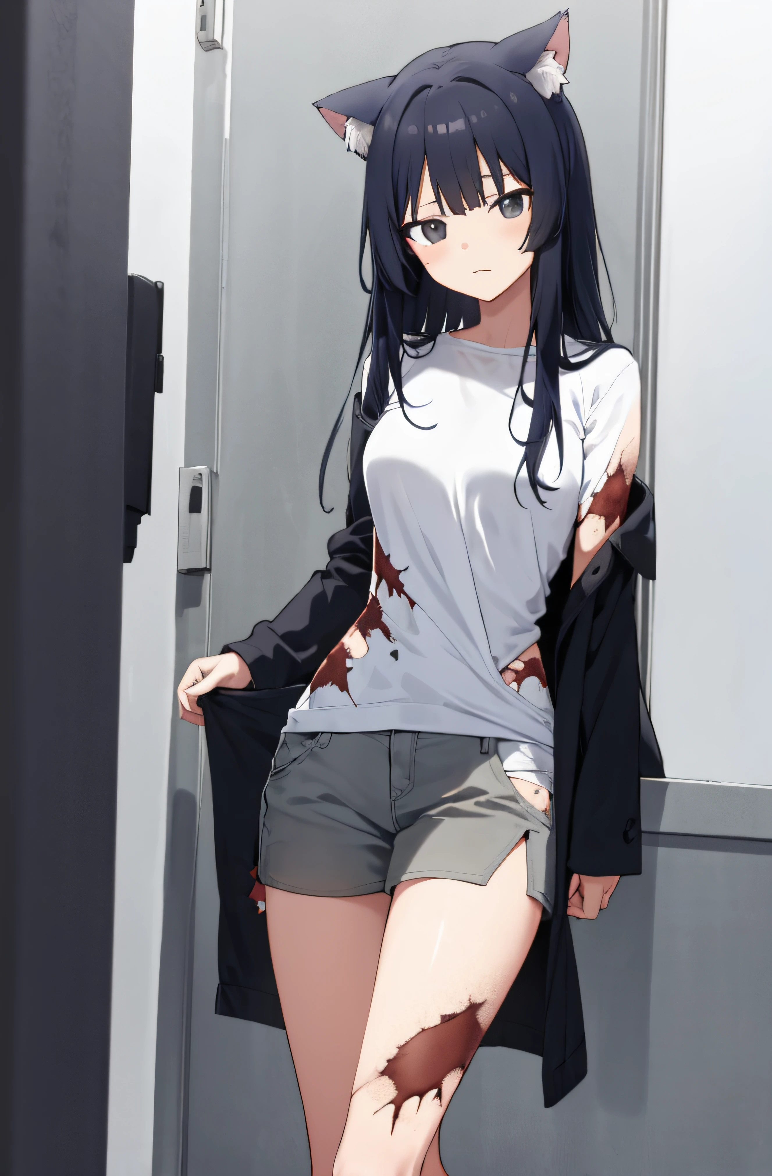 anime girl (long grey hair:1.1) destroy clothes, bad clothes, wounds on the body, medium breast, grey-black hair, cat ear