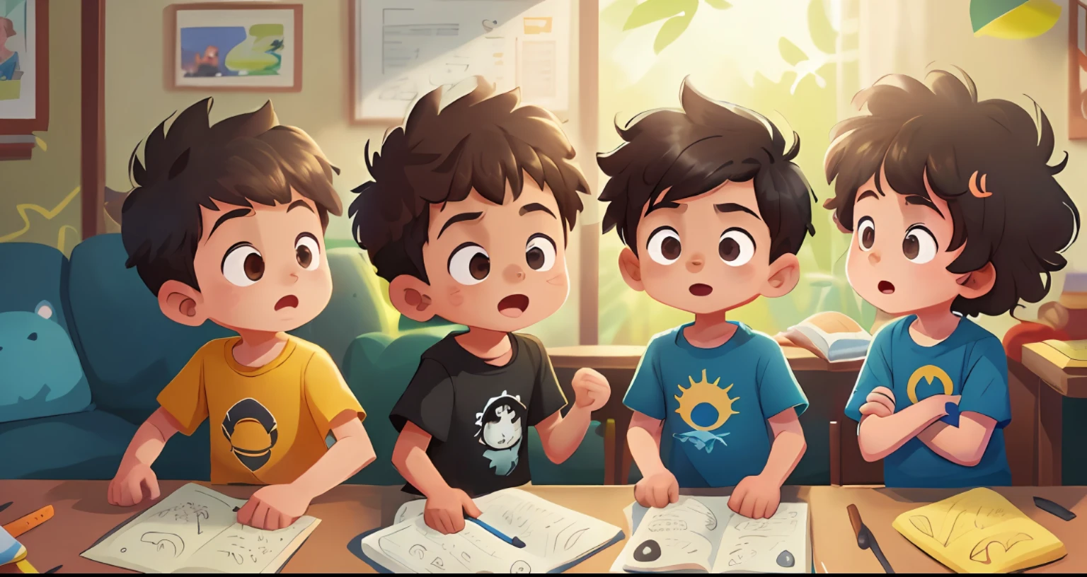 (extremely detailed CG unit 8k children's book illustration, obra-prima, melhor qualidade, ultra-detalhado), (best ilumination, melhor sombra, um extremamente delicado e belo), (menino afro-americano),pele negra, cabelo preto crespo, olhos brilhantes e bem abertos, male child, 4 anos de idade, corpo inteiro, A dynamic pose, various expressions and poses, em fundo branco, folha de personagens.