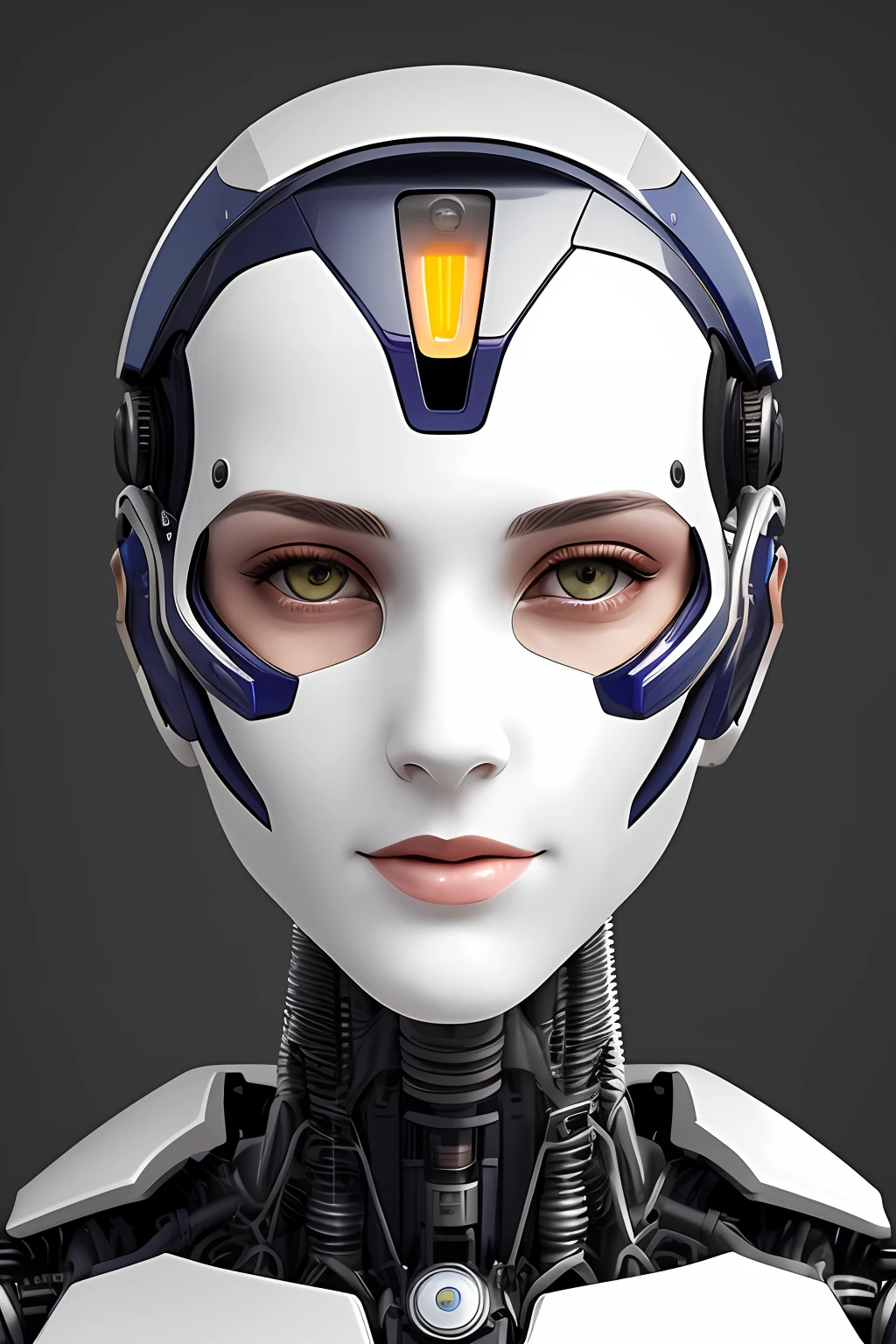 Cyborg face |Mechanical forehead，Mechanical cheeks，Female positive |Flesh-colored skin |Electronic systems: overhead humanoid robots |The details of the brain are right in front of you |Detailed connecting lines for the face |Biopunk |scybernetic |cyber punk perssonage |Canon M50|100mm|sharp fokus |ultra-realistic realism |The is very detailed|intricately details |Front view |head straight-looking at viewer |1 head per body，face to the viewer，Complex mechanical masks，Complex mechanical helmets，Fluorescence