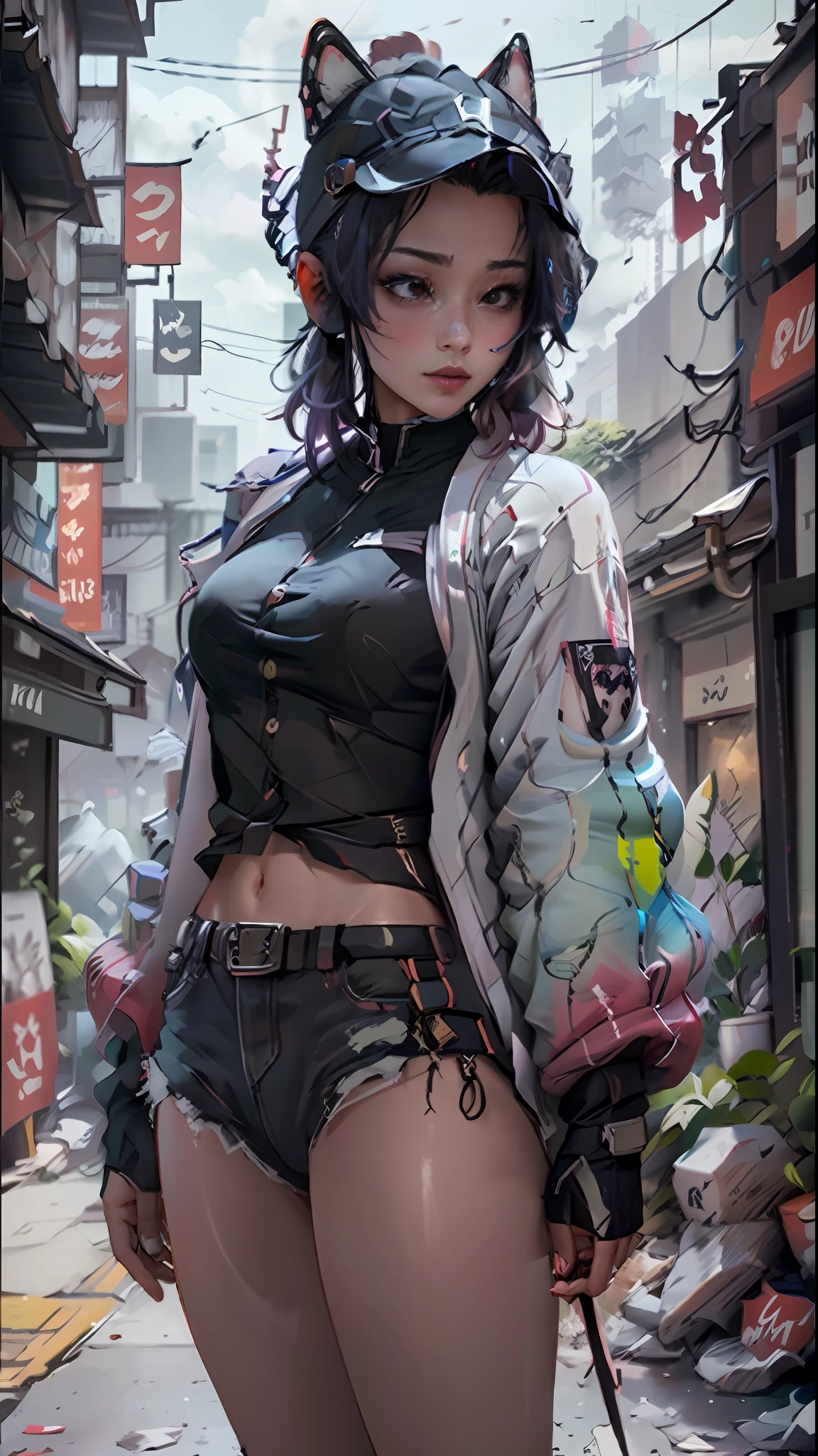 Beautiful woman medium hair, wearing cap, cyberpunk style short clothes