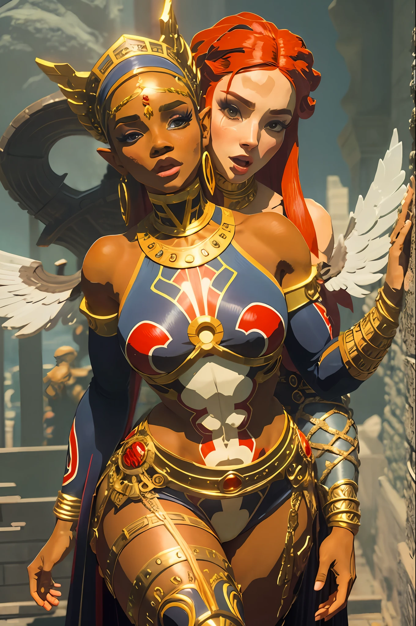 ((best qualtiy)), ((tmasterpiece)), (A detailed: 1.4), Sculptural body, Slightly open mouth, full bodyesbian(Eyes with heavy makeup), ((Orange-red hair)), (Satin vintage brilliant clothes), Very long eyelashes,Heavy eye makeup,Lots of jewelry,By Mucha,niji --V5,near the real,a sexy pose,downy,at centre,The proportions fit the size