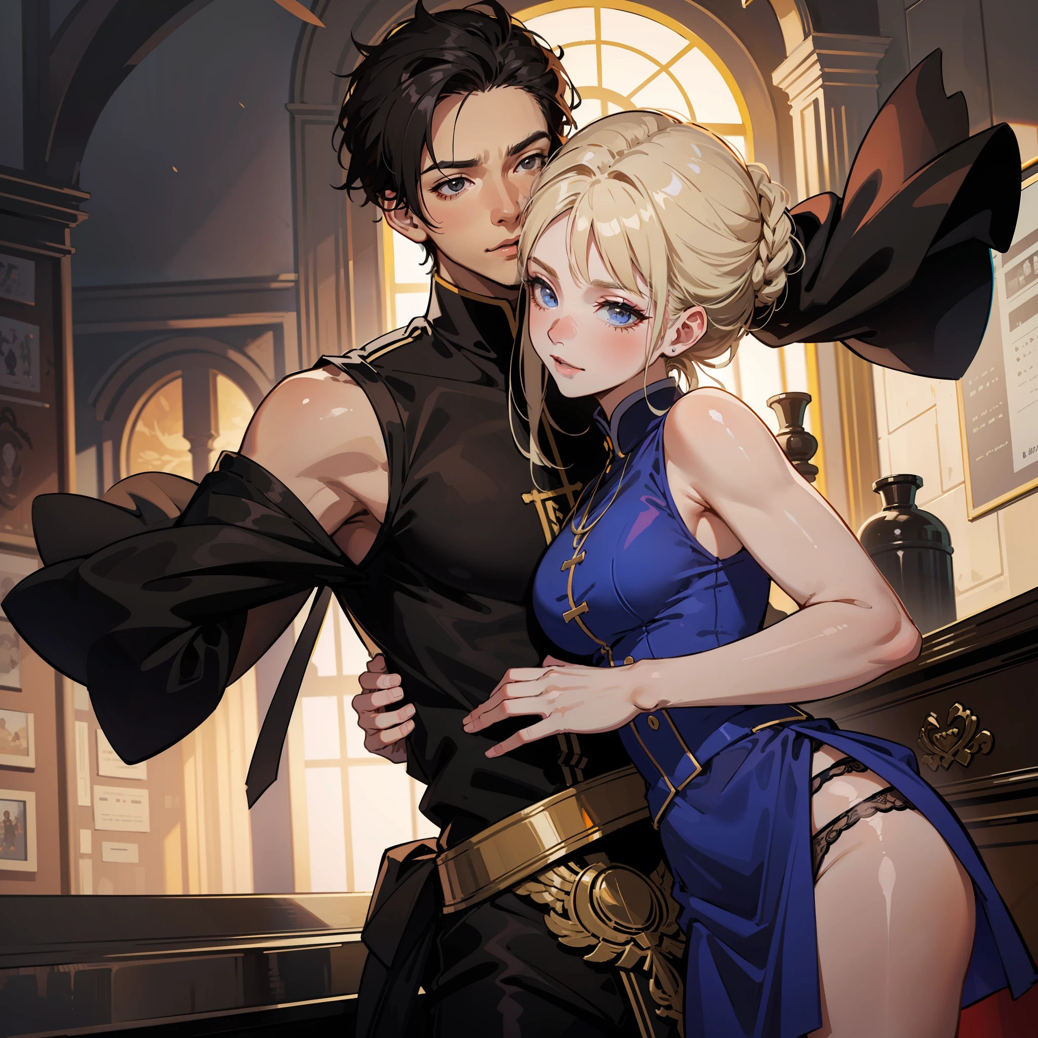 "obra prima, melhor qualidade, Superior quality lighting, sombras excepcionais, 1 man with feminine crossdressing traits and his mistress, in college attire with sleeveless skirt, panties with bulge, em uma festa caseira."