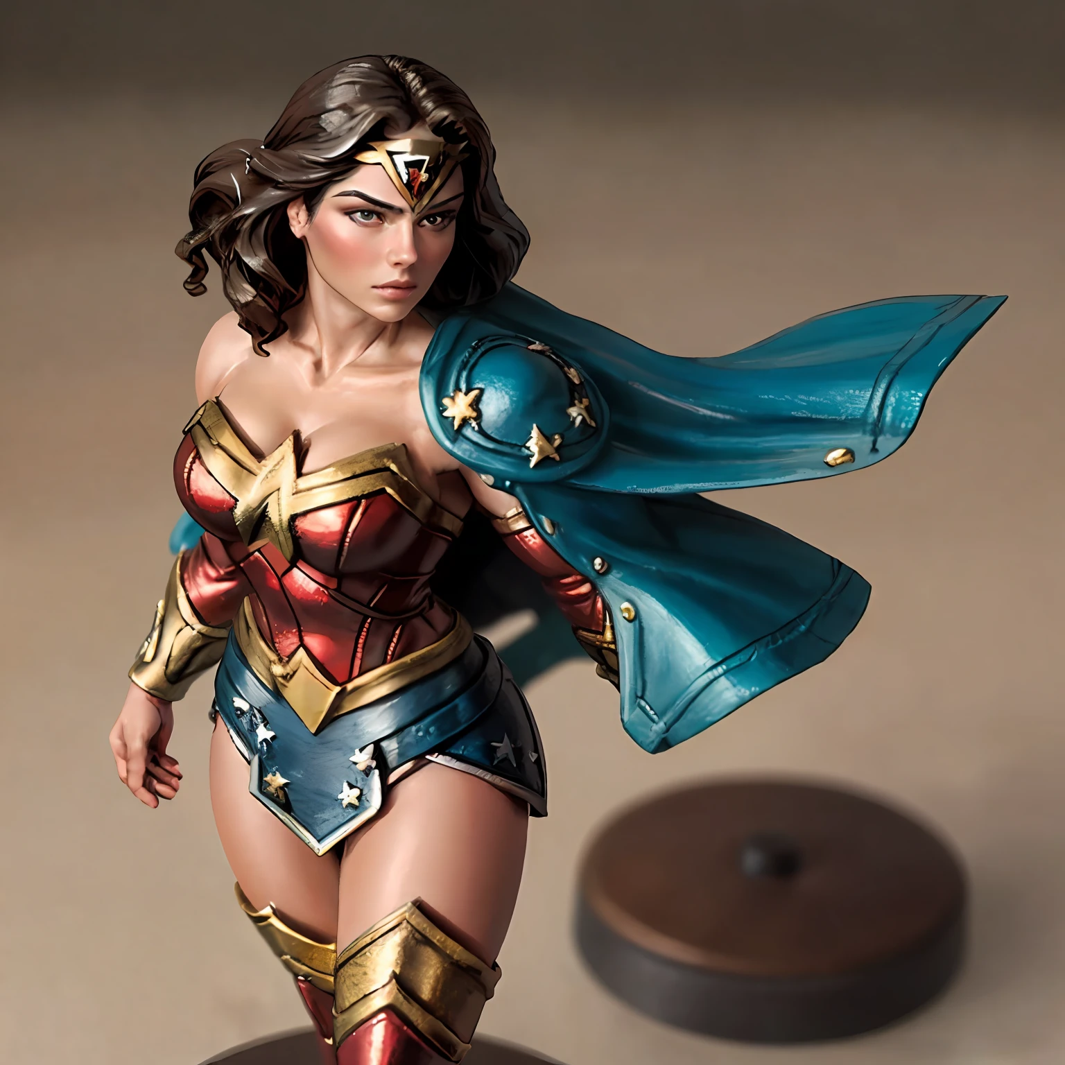 (4k, best quality), (realistic, photo-realistic), mini style, upper body shot of a painted miniature of wonderwoman, dynamic pose on a pedestal,hands out of frame, huge breasts, beautiful detailed eyes, close-up shot, detailed face, character design, Intricate, High Detail, Sharp focus, dramatic, photorealistic art