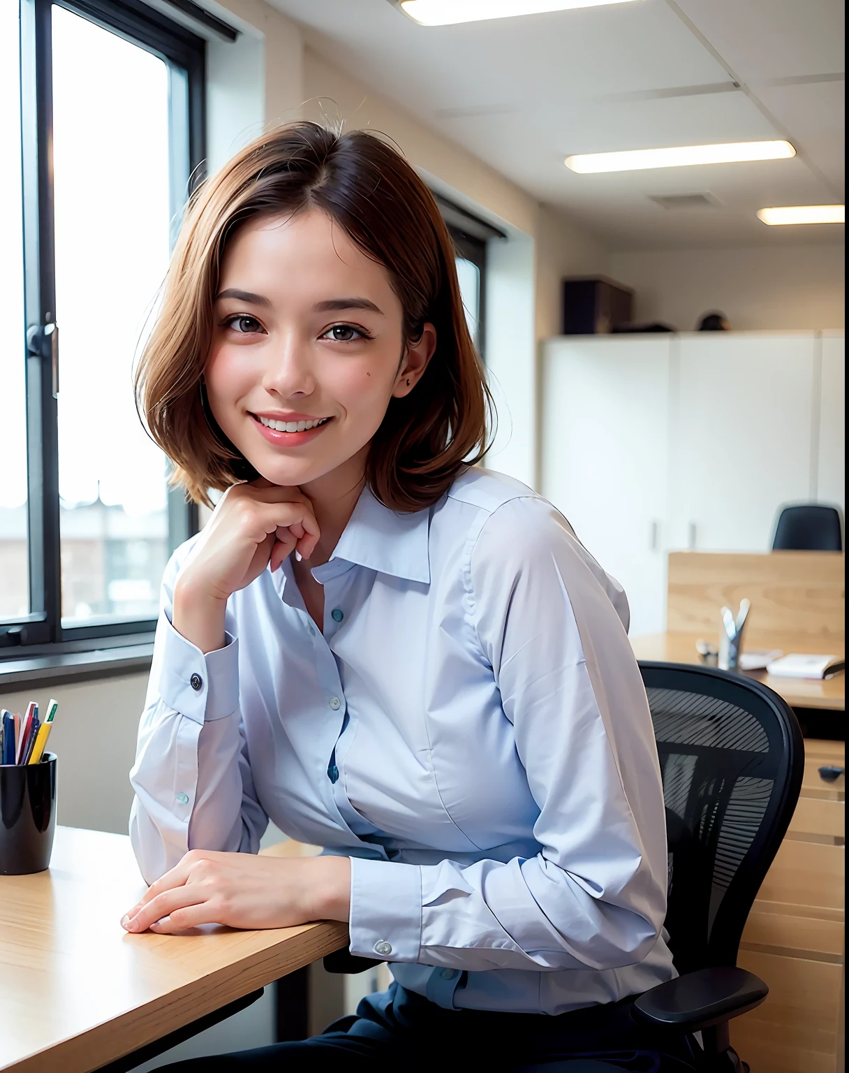 best quality, face focus, soft light, (depth of field) ,ultra high res, (photorealistic:1.4), RAW photo, portrait:1.4 ,(sit chair) ,office ,work desk, PC, pen ,book ,
1girl, solo, cute, shy, (smile:1.2), (brown eyes,catch light),  detailed beautiful skin, (dark_hair, short_hair, updo ),  (small chest), (formal office uniform:1.4) , working