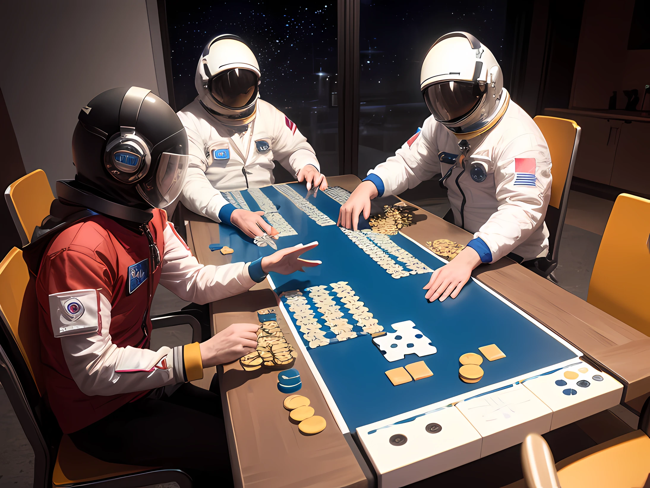 masterpiece, the best resolution and details, high quality, astronauts in aerospace suits on a table of astronauts playing dominoes putting the chips on a spaceship full of buttons and bright neon lights, and in the background a window that looks at the starry universe and galaxies.