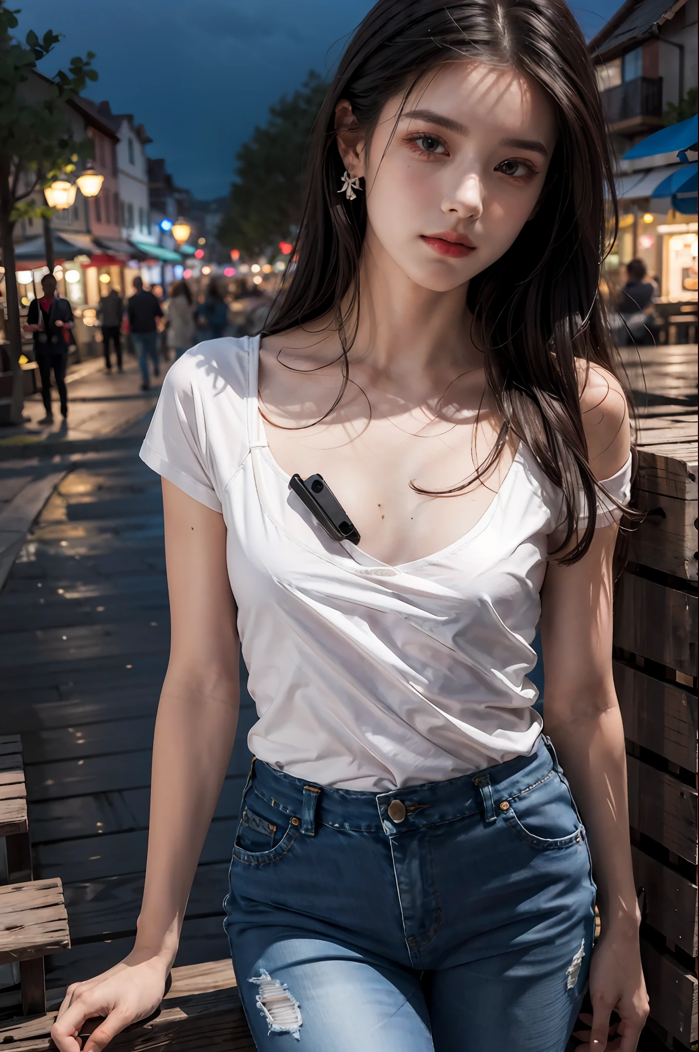 Best Quality, Masterpiece, Ultra High Resolution, (Realistic: 1.4), Original Photo, (Evening Street), Two People, 1 Girl, Turkish face, Black Eyes, Long Hair, Light Makeup, Lips, Small Ears, White basic T-Shirt, Jeans, Beautiful Turkish Women in Perfect Shape: 1.4, (Outdoor, Seaside: 1.1), City Street, Super Fine Face, Fine Eyes, Full Body: 1.9
