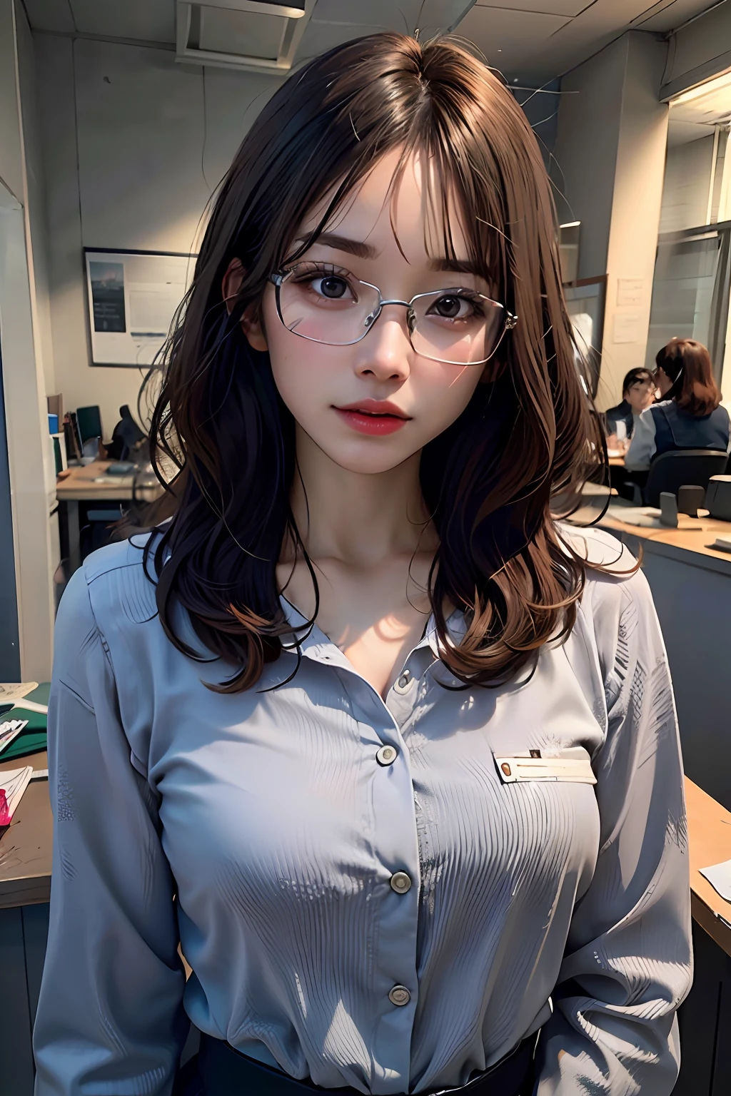 (realistic, photo-realistic:1.37),(8k, RAW photo, best quality, masterpiece:1.2), (textured skin,realistic skin texture:1.3),(small chest:0.8),(korean beauty, korean woman:1.3), (asian eyes), (thin face:1,3), sun light, cinematic lighting, film scene, dim lighting, 8k uhd, dslr, soft lighting, high quality, film grain, high detailed skin, skin pores, Fujifilm XT3,ray tracing,cute,ultra-detailed,physically-based rendering, ultra high res, photorealistic,realistic, solo, best quality,extremely detailed face,extremely detailed eyes and face, beautiful detailed eyes, incredibly absurdres, (Messy hair), (floating hair),(brown hair:1.3), (in the office, desk:1.4), (Looking at Viewer:1.3), (Fully Clothed:1.3), horn-rimmed glasses