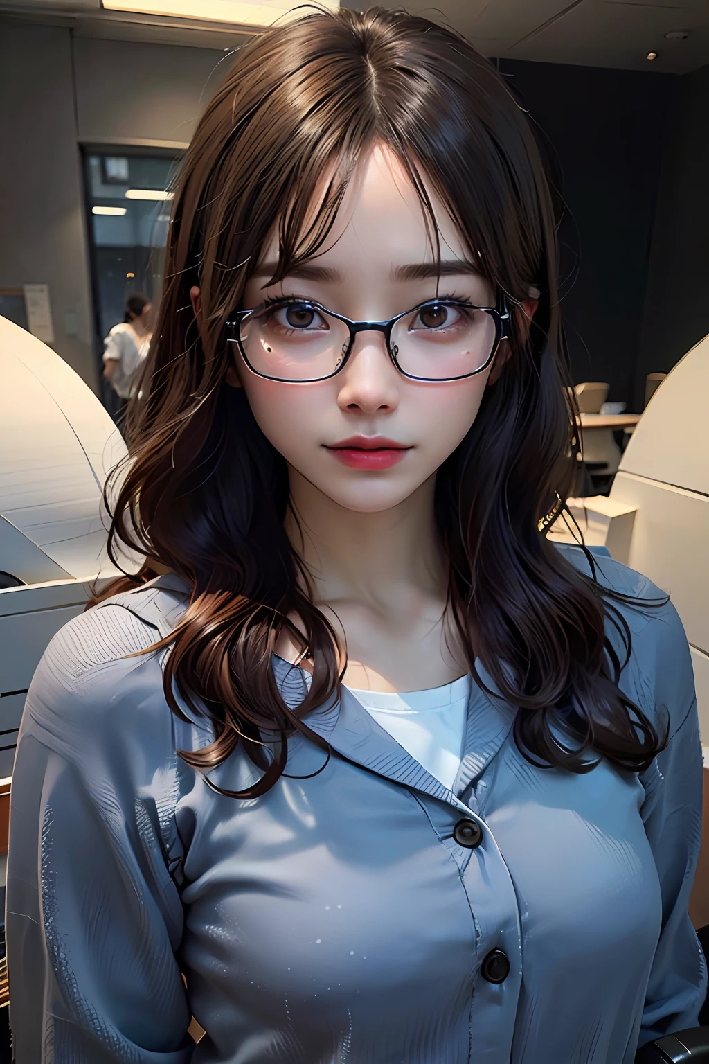 (realistic, photo-realistic:1.37),(8k, RAW photo, best quality, masterpiece:1.2), (textured skin,realistic skin texture:1.3),(small chest:0.8),(korean beauty, korean woman:1.3), (asian eyes), (thin face:1,3), sun light, cinematic lighting, film scene, dim lighting, 8k uhd, dslr, soft lighting, high quality, film grain, high detailed skin, skin pores, Fujifilm XT3,ray tracing,cute,ultra-detailed,physically-based rendering, ultra high res, photorealistic,realistic, solo, best quality,extremely detailed face,extremely detailed eyes and face, beautiful detailed eyes, incredibly absurdres, (Messy hair), (floating hair),(brown hair:1.3), (in the office, desk:1.4), (Looking at Viewer:1.3), (Fully Clothed:1.3), horn-rimmed glasses