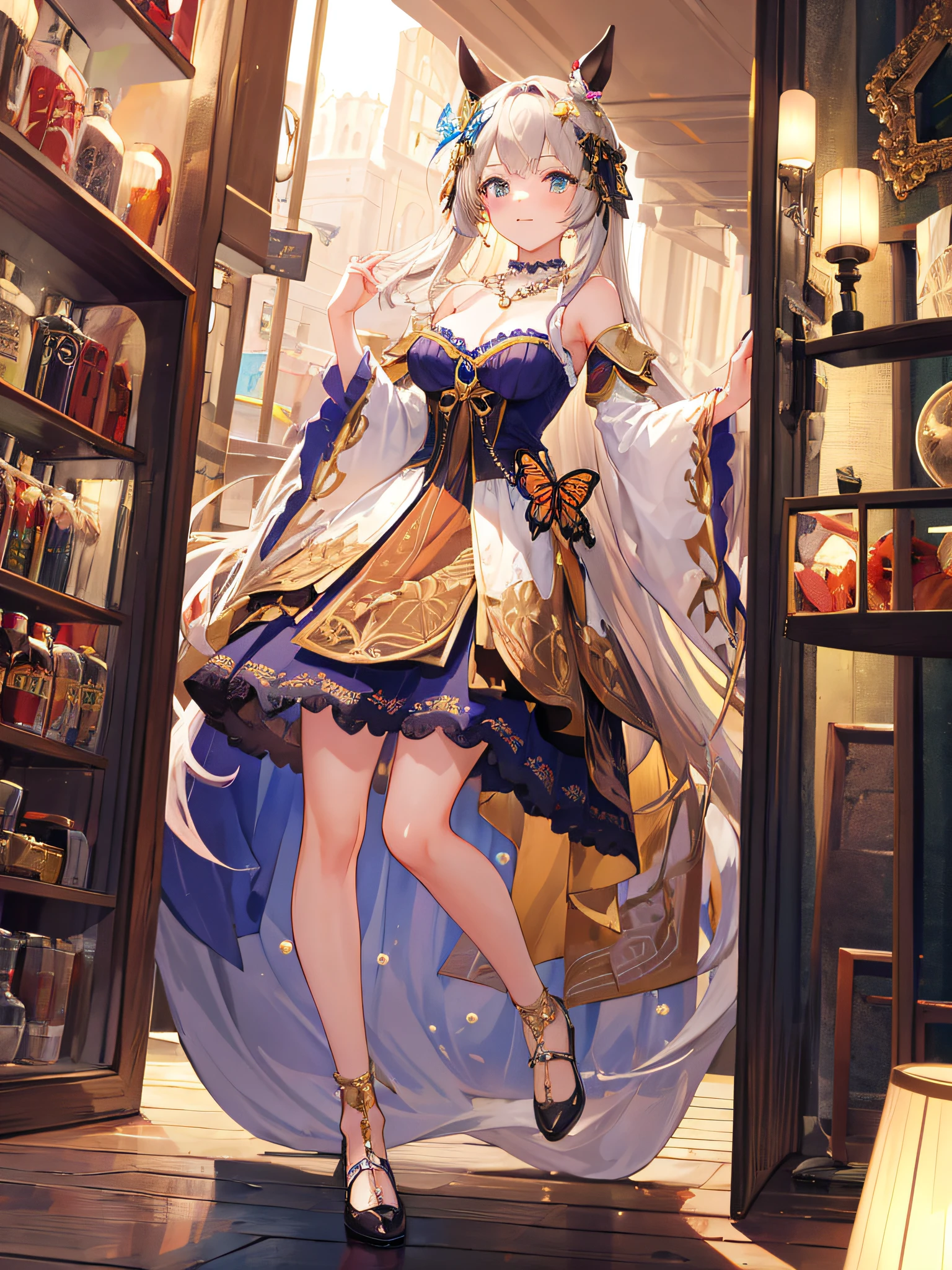 (Masterpiece), (Best quality), (Ultra-detailed), (Solo), 1girll, full body, Complex mirrors, pearls necklace, Embroidery, Sleeve frills, Dress silk overlay, Asymmetrical dress, Crubnika skirt medium size breasts, gold city\(umamusume)\, Horse Ears, butterfly style