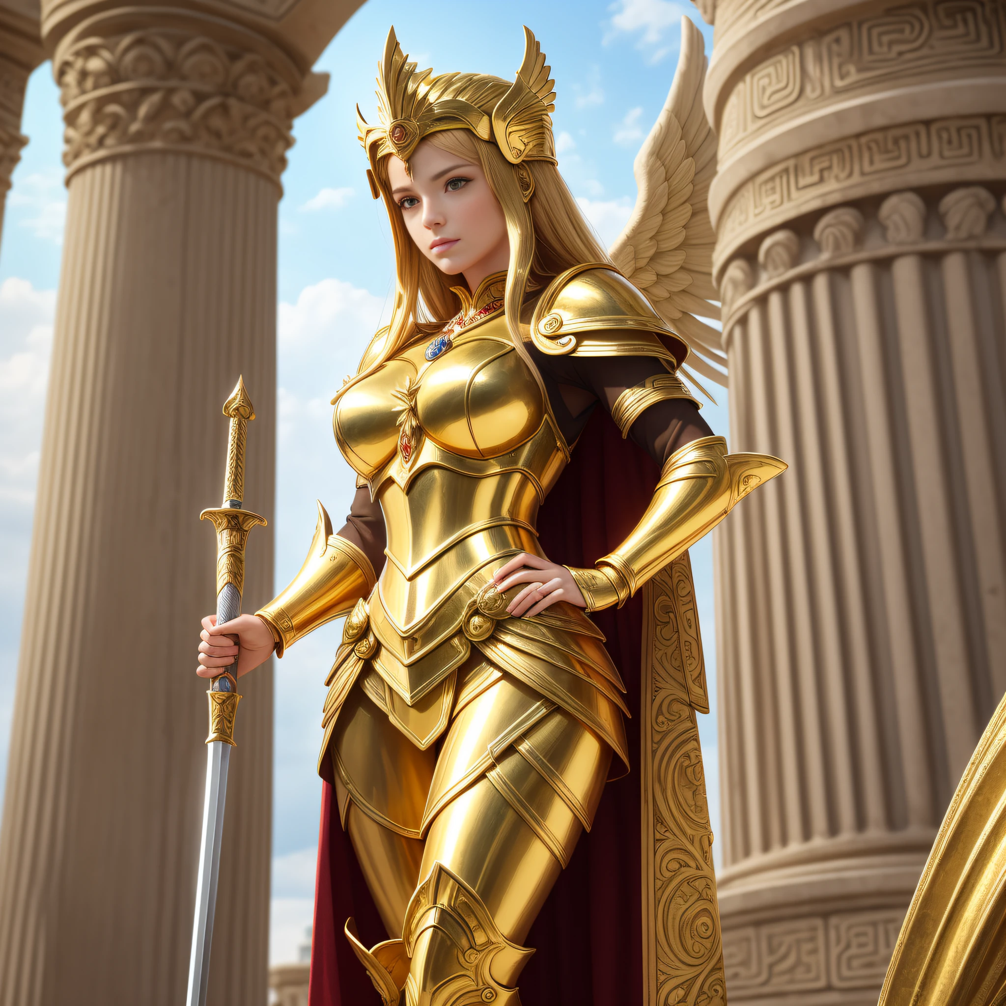 Best quality, masterpiece, super high resolution, (fidelity: 1.4), a woman in golden armor holding a sword and standing in front of a column, golden goddess athena, blonde goddess, angelic golden armor, golden armor, light golden armor, golden goddess , goddess venus athena, stunning goddess giant shot, elegant gold armor , gold armor, roman goddess, extremely detailed goddess, gold armor, greek goddess athena.