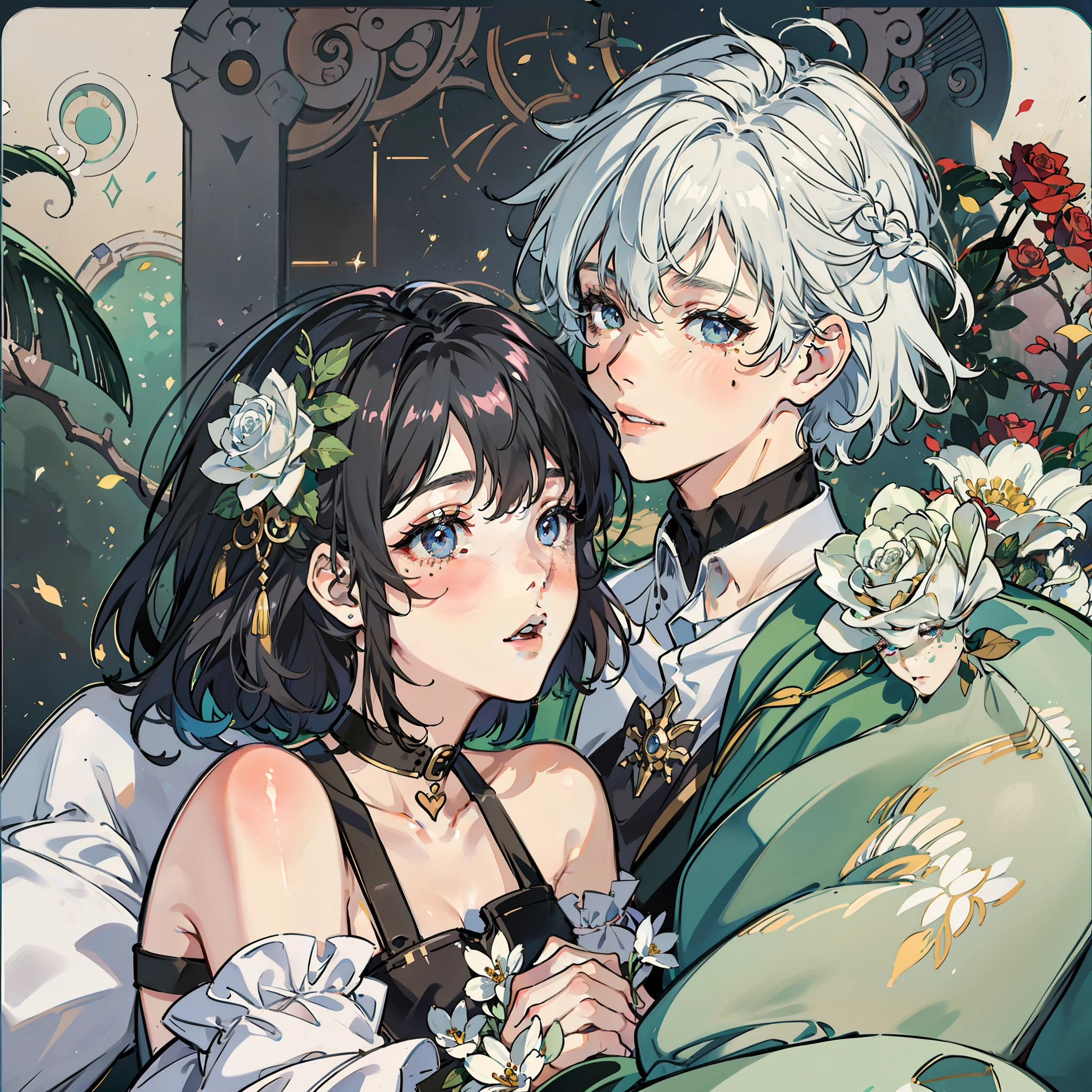 k hd,extreme picture quality,two guys,a young man and a woman,Girls have short white hair,The boy's hair is half black and half white,Kiss each other,hugs,Girls' one-shoulder dress,Boys wearing shirts,The boy has tear moles in the corners of his eyes,at the lakes,Roses bloom