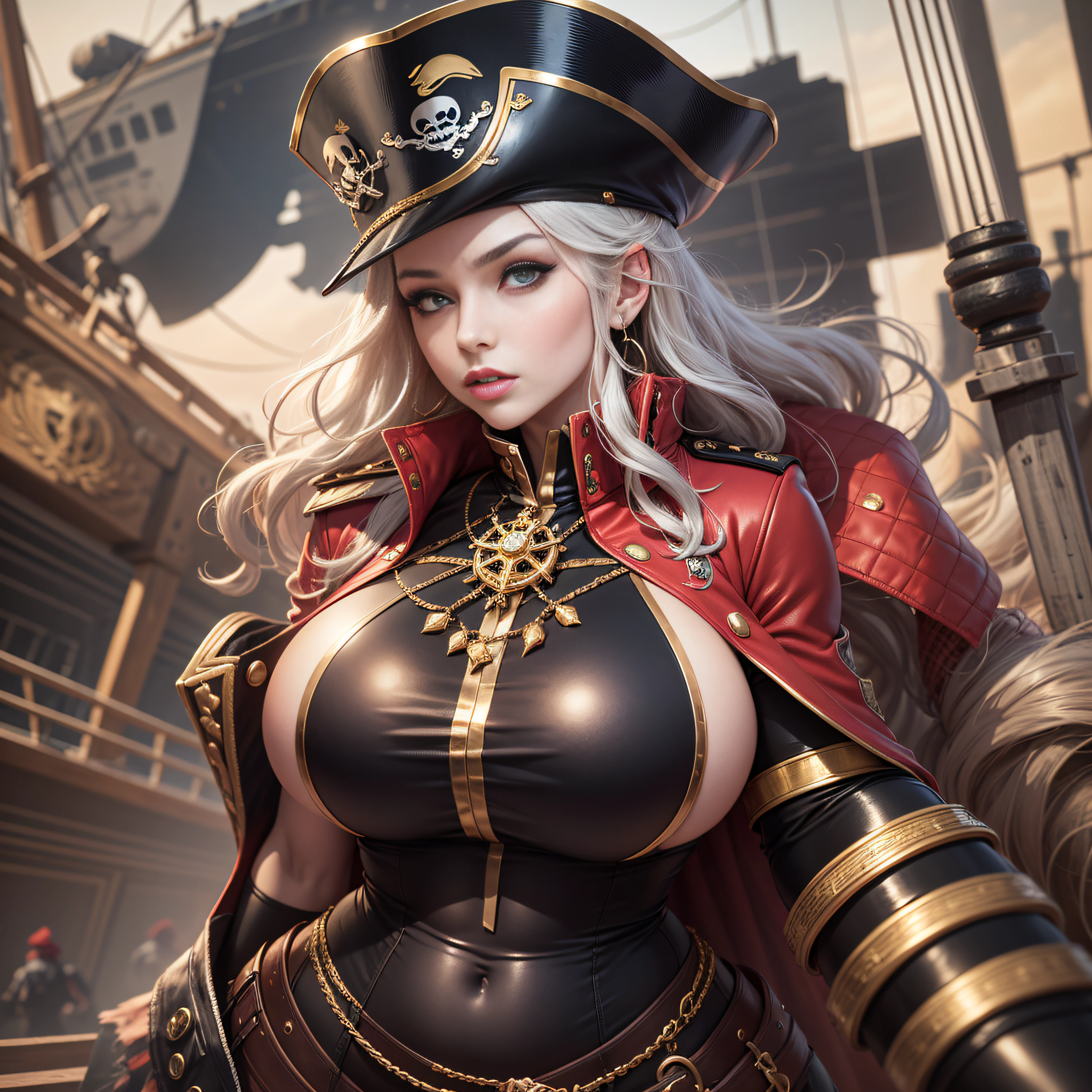 pirate captain outfit with pirate hat, red jacket with gold tassels, white frilly blouse, black pants, brown thigh high boots, eye patch, massive breasts, massive hips, massive thighs, massive calves, slender waist, hourglass figure, shiny black pantyhose, piloting a wooden ship, detailed eyes, leggings, kissing each other, 4K high resolution