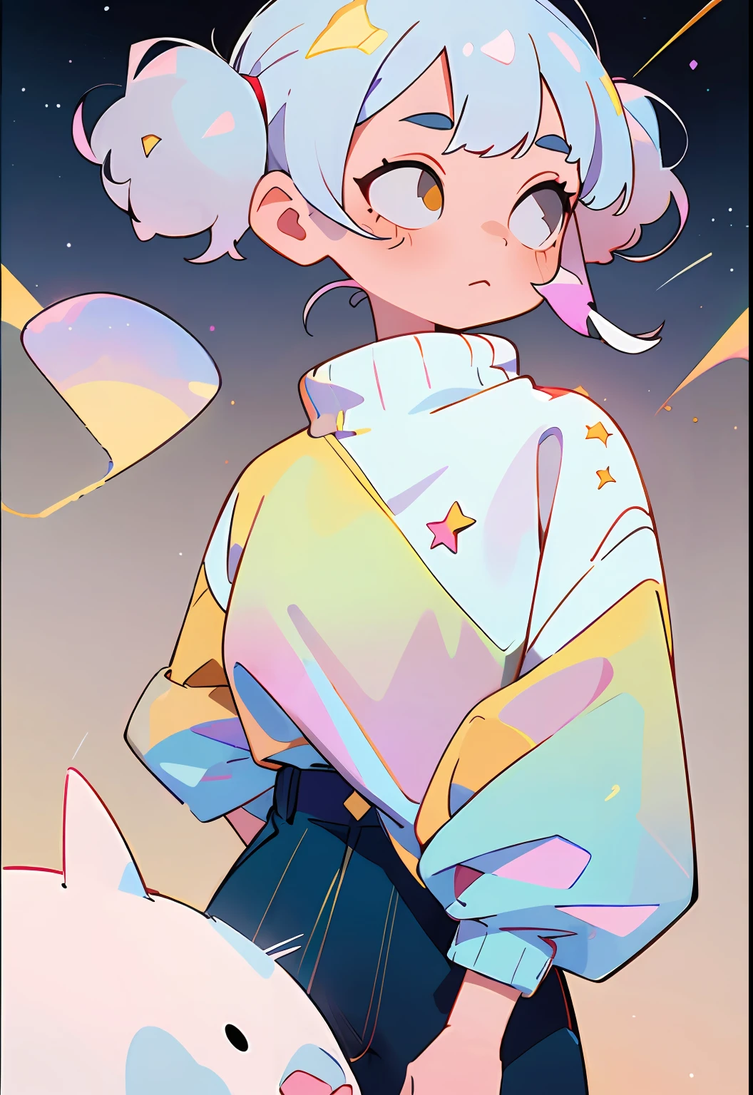 (Masterpiece, Exquisite, With rich detail and highest image quality) Solo, 1girll, Pet cats,Color gradient hair, Platinum hair, Pale pink gradient platinum hair, loose sweater, Star sweater, Pale yellow sweater, pigtails, Curls, Minimalist background, Starry sky, Laser shine star