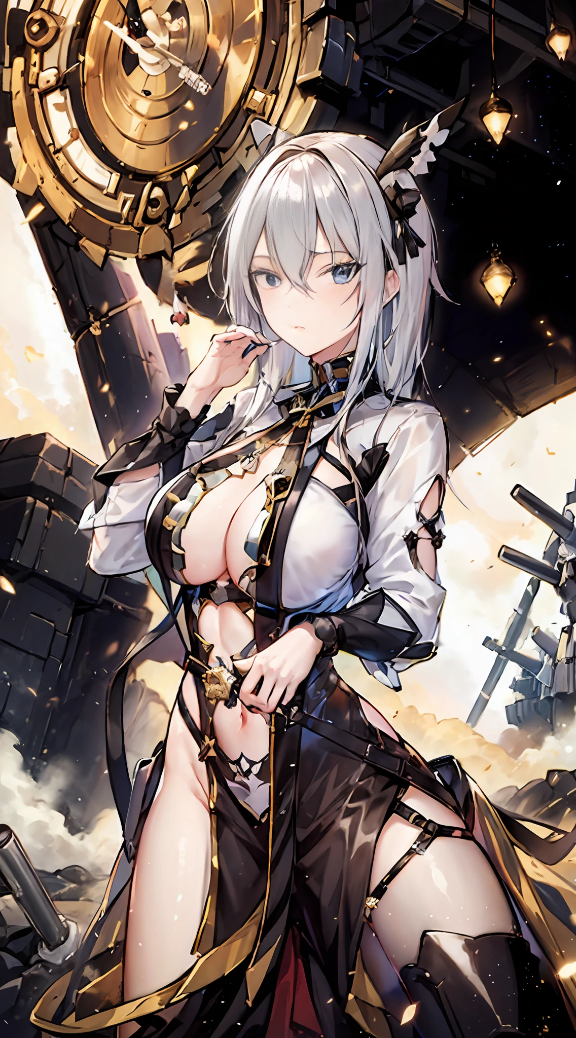 anime girl with a sword and a clock in the background, A scene from the《azur lane》videogame, azur lane style, Kantai collection style, from girls frontline, Best anime 4k konachan wallpaper, Fine details. Girl Front, 《azur lane》role, From Arknights, Badass anime 8 K, girls frontline style, girls frontline universe