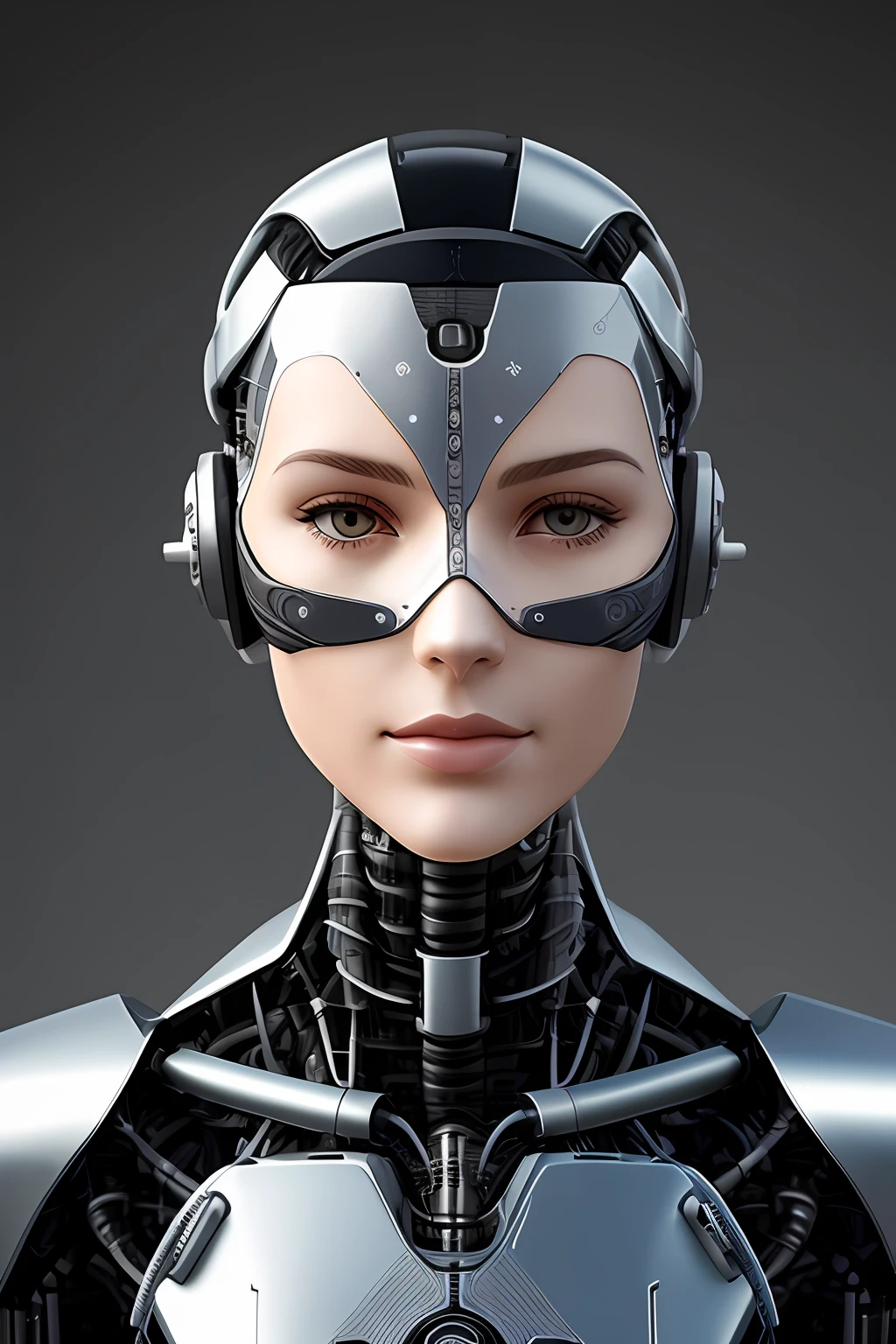 Cyborg face |Mechanical forehead,Mechanical cheeks,Mechanical hair,Connecting wire hair,Female positive |Flesh-colored skin |Electronic systems: overhead humanoid robots |The details of the brain are right in front of you |Detailed connecting lines for the face |Biopunk |scybernetic |cyber punk perssonage |Canon M50|100mm|sharp fokus |ultra-realistic realism |The is very detailed|intricately details |Front view |head straight-looking at viewer |1 head per body,face to the viewer,Complex mechanical masks,Complex mechanical helmets,Fluorescence