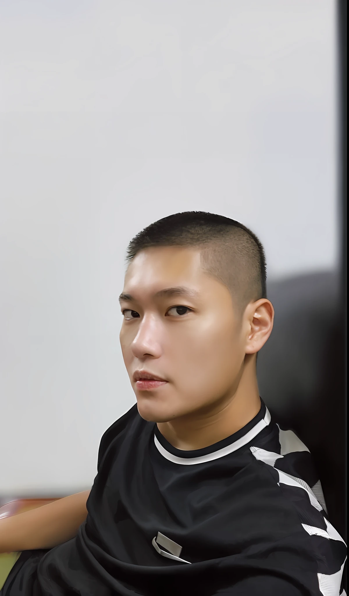 there is a man that is holding a baseball bat in his hand, south east asian with round face, clean shaven wide face, Half shaved hairstyle, clean shaven face, shaved haircut, Shot on Canon EOS R 6, short hair on top of his head, with short hair, Buzz haircuts, buzz cut, modern haircut, one side haircut