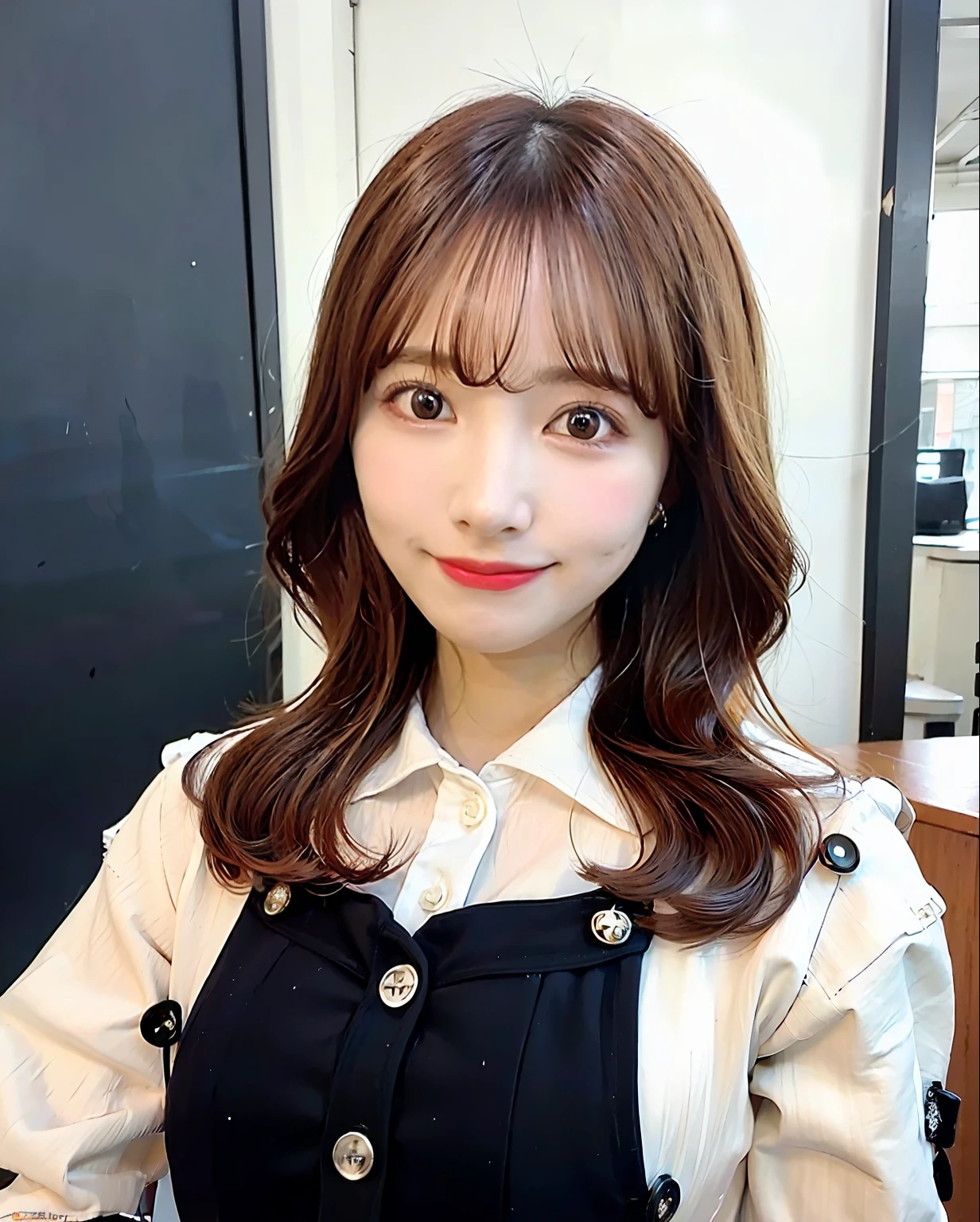 best quality, photorealistic, 8k, high res, 1girl, woman, (skindentation), (professional lighting), (portrait:0.6), (closed button office shirt:2), gorgeous, ((black hair)), (medium hair:1.4), (1girl eyes looking at viewer:1.5), ((looking at viewer:1.6)), (looking at the camera), photorealistic, (bokeh), (portait:0.6), (dynamic pose:1.2), masterpiece, intricate, realistic, sharp focus, award-winning photograph, sfw, (smile:1),