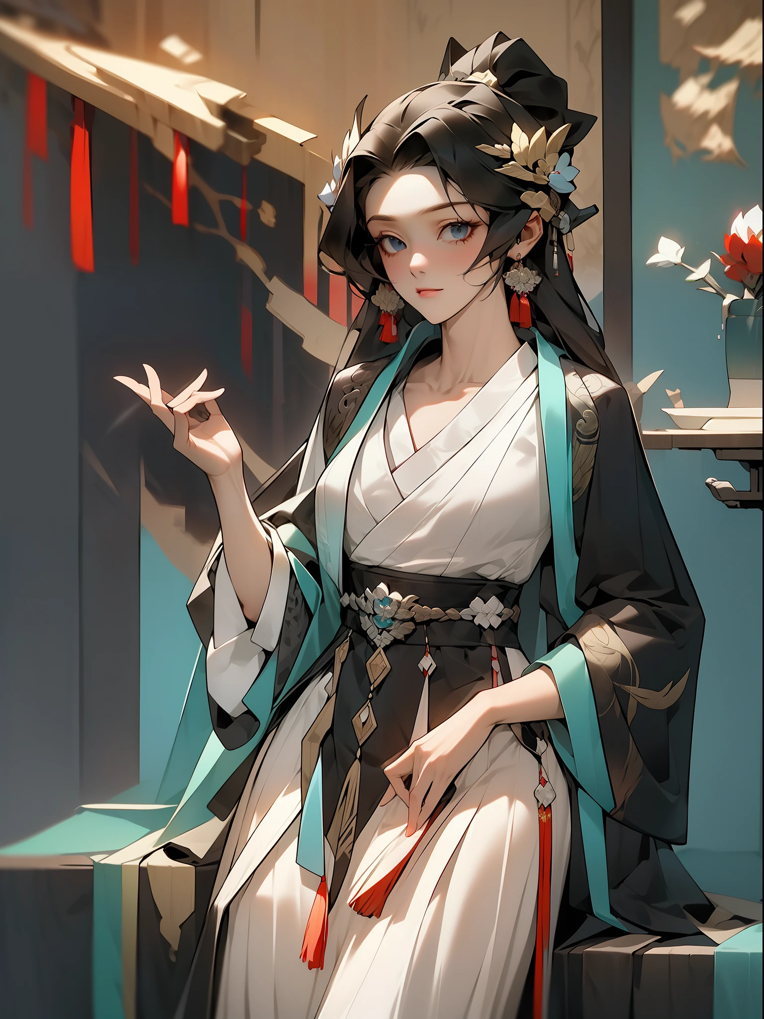 One guy、full bodyesbian，， tmasterpiece， Ultimate，（a color），Chinese clothes of the Ming Dynasty，Gorgeous collared top，pleated long skirt， cloaks，Hanfu，Embroidery，gameicon，