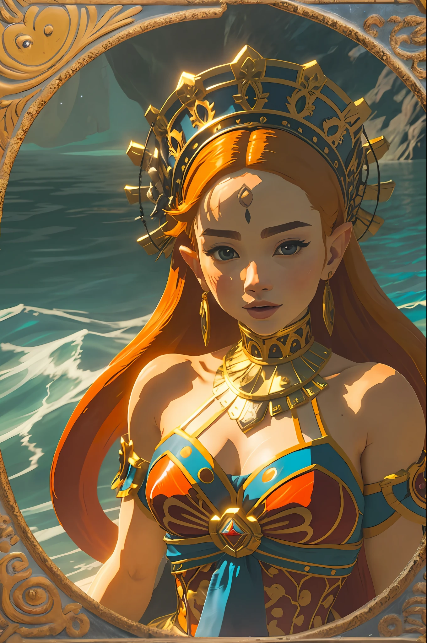 （（best qualtiy））， （（tmasterpiece））， （A detailed： 1.4），   （（Orange-red hair）），Sparkling，Colorful sea，Pure face， By Mucha，niji --V5，near the real，downy，at centre，The proportions fit the size