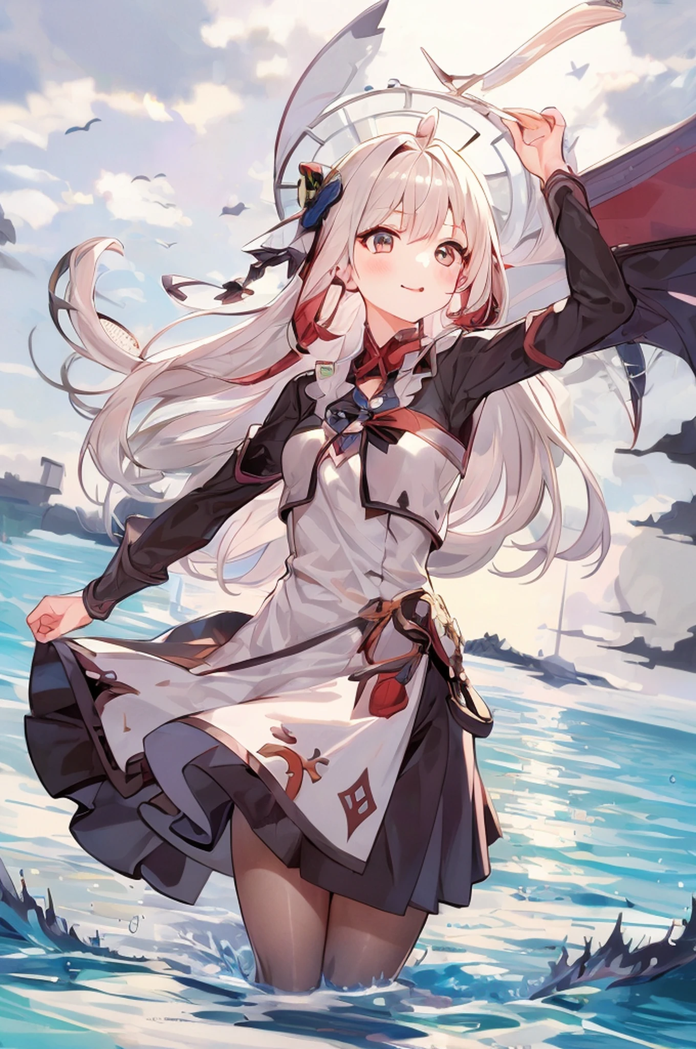1girll,ahoge,By bangs,pigtails,daysies,Separate the sleeves,shift dresses,hair tubes,highr,banya,long whitr hair,longer sleeves,looking at viewert,the ocean,with her mouth open,exteriors,pointy ears,whaite hair,ssmile,独奏,standing on your feet,coda,Very long hair