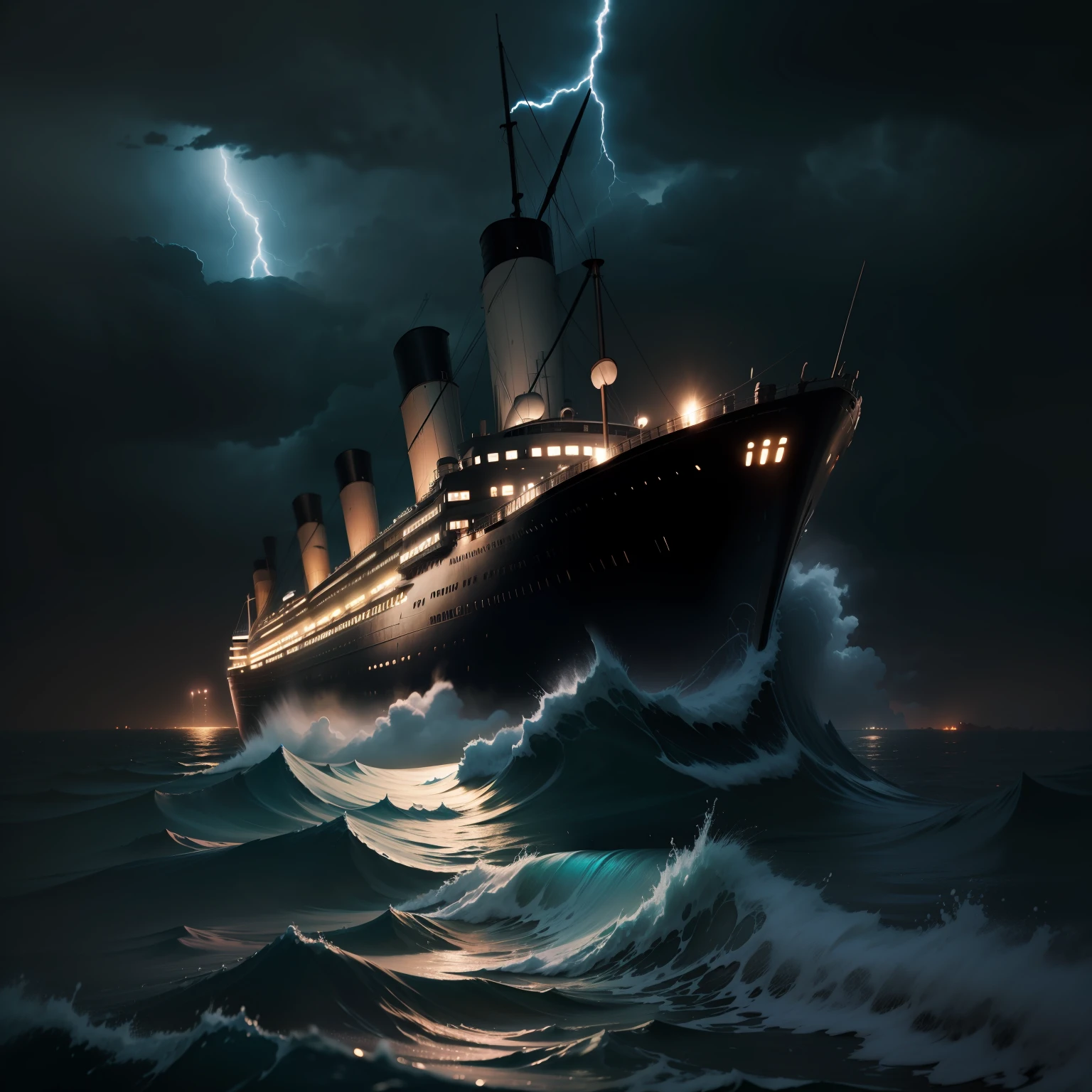 Titanic,Driving at sea on a dark night,The weather is rainy and lightning,A bit of a scary atmosphere,k hd,ultra-realistic realism,with intense rain,It was pitch black all around