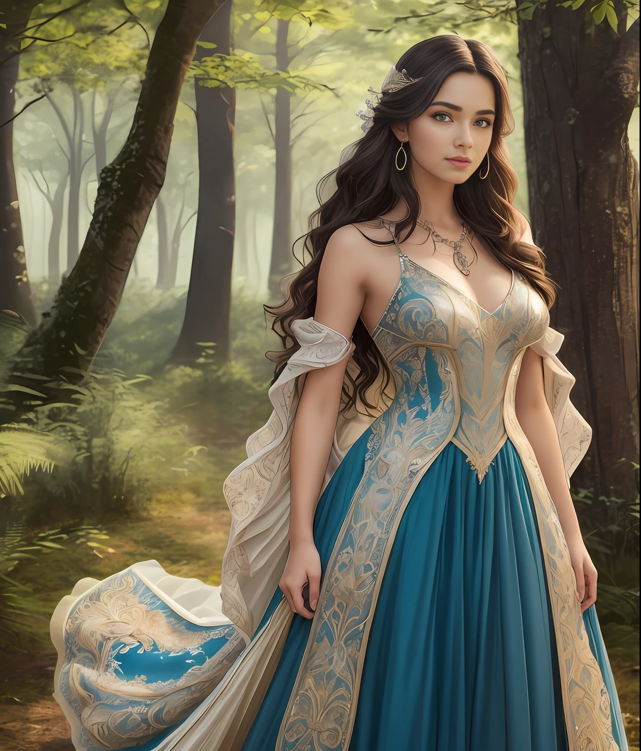 Beautiful realistic photo, 2 characters, Beautiful realistic photo, A man stands near a tree, leaning against it, (Correct anatomy of the hands), Dressed in a fantastic costume, Dark hair, beatiful face, Clean skin, looks at the girl, The girl in the center of the photo, Girl with long blonde hair, blue eyes, Clean skin, Dressed in an elegant closed dress, detailing, Correct anatomy of the hands; beatiful face, Clean skin, tanning on the skin, The background is a summer forest thicket, romance novel cover, romance book cover, Romantic Fantasy, Book Cover Style, novel, Urban fantasy cover of the novel, The cover of a fantasy book, Fantasy genre portrait