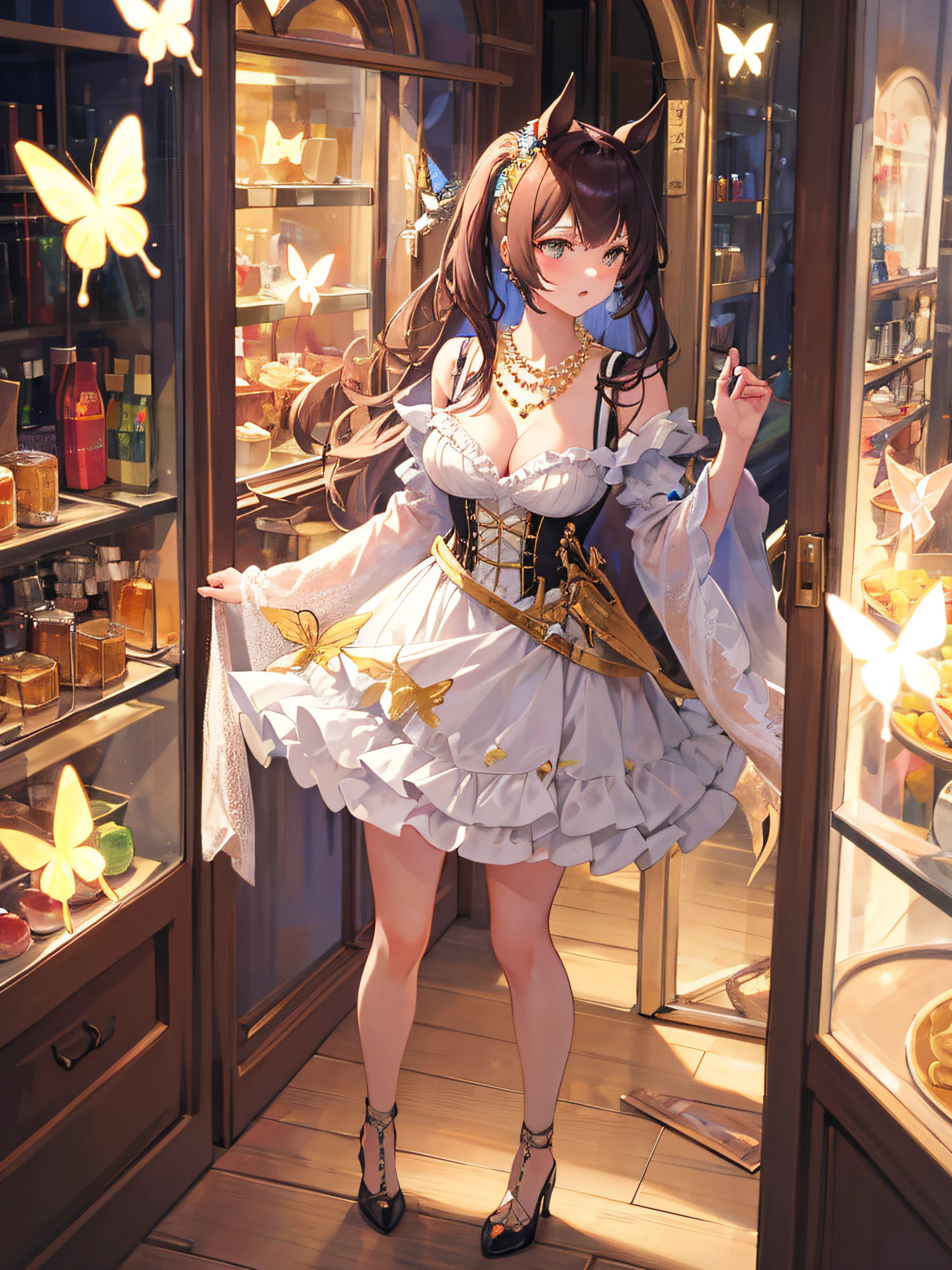(Masterpiece), (Best quality), (Ultra-detailed), (Solo), 1girll, full body, Complex mirrors, pearls necklace, Embroidery, Sleeve frills, Dress silk overlay, asymmetric dress, Crubnika skirt with medium sized breasts, gold city\(umamusume)\, Horse Ears, butterfly style