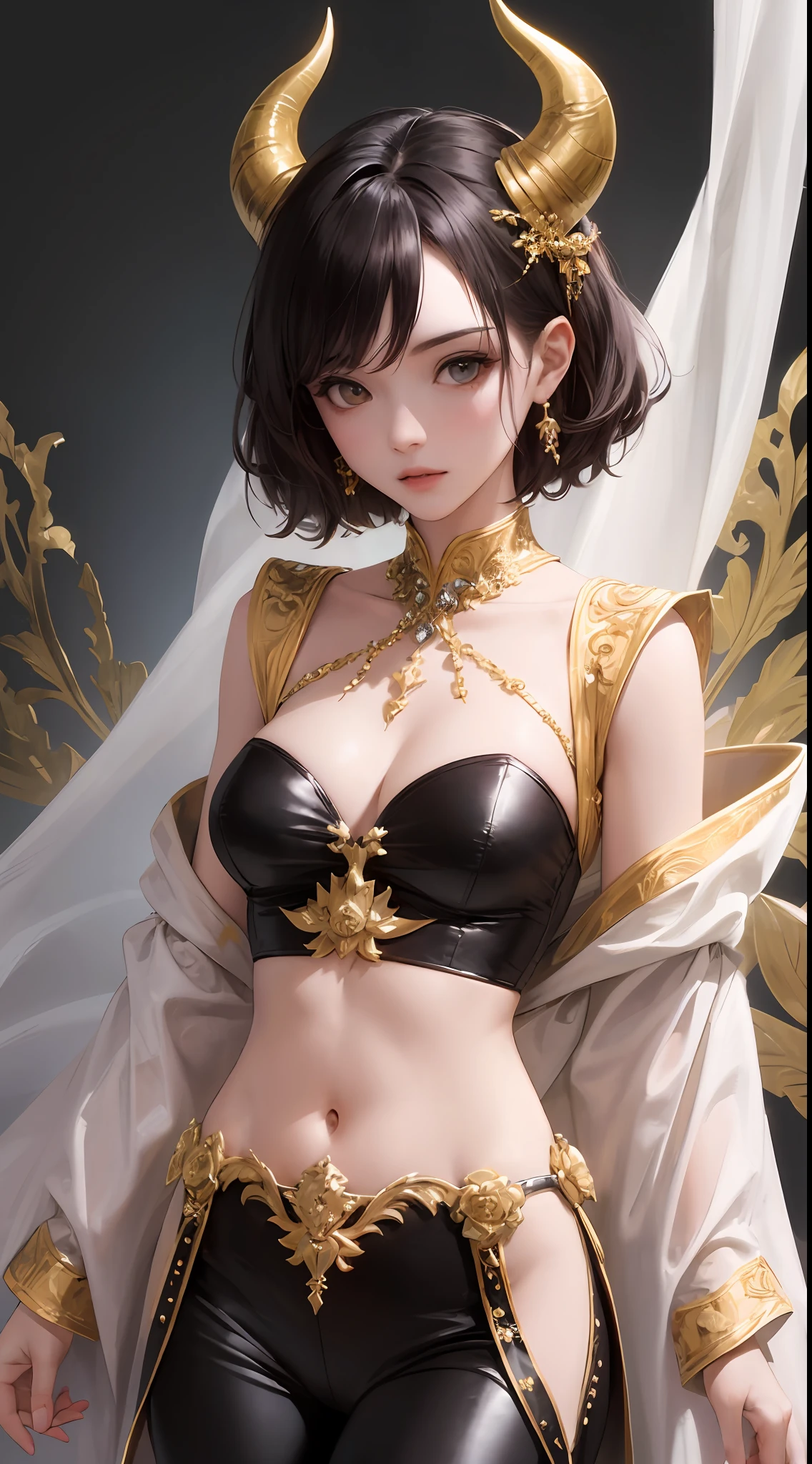 （tmasterpiece，best qualtiy:1.2），woman，（light blues：1.5)short detailed hair:1.2，There are two short red and black horns on the head，Black bandeau，White delicate gold-encrusted robe，无袖，long leges，black colored leggings，Big eyes：1.2 --auto