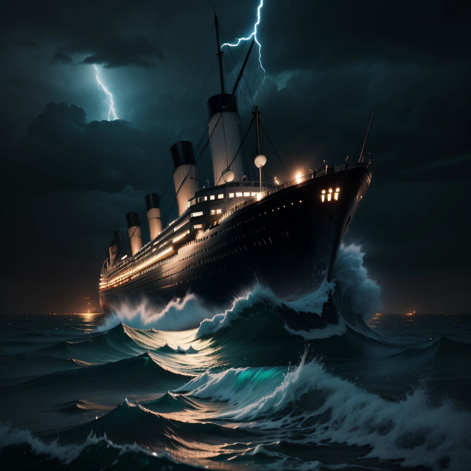 Titanic,Driving at sea on a dark night,The weather is rainy and lightning,A bit of a scary atmosphere,k hd,ultra-realistic realism,with intense rain,It was pitch black all around