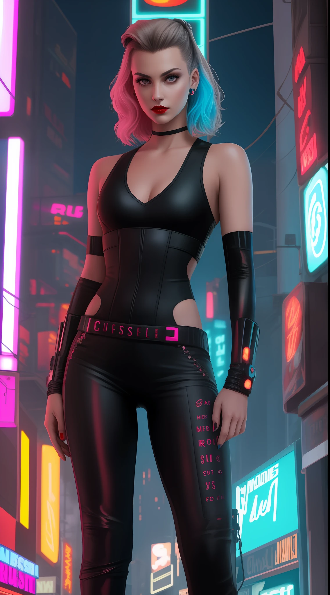 Full body view, close-up, uma supermodelo russa muito bonita, cabelos loiros, side cut hair, com quadris muito largos e cintura estreita, full lips, cintura pequena e quadris grandes, Red lipstick, com roupas cyberpunk em uma cidade cyberpunk movimentada com placas de neon, neon lights, foco nítido, Studio photo, detalhes intrincados, altamente detalhado, profundidade de campo, foco nítido, High detail, textura de pele realista, Realistic, fotorrealista, arte digital, pintura fosca, Directed by: Greg Rutkowski