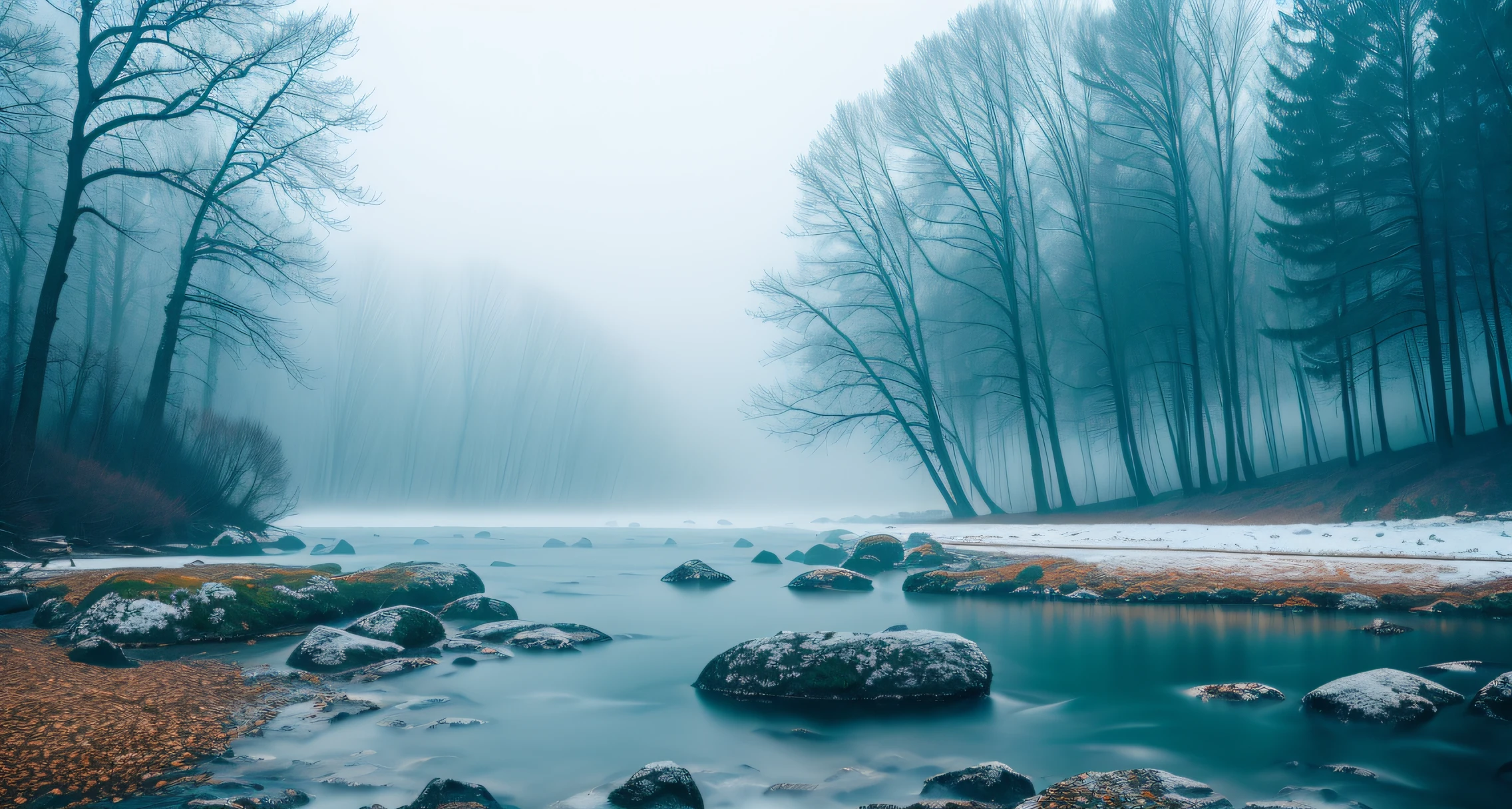 RAW photo, winter landscape, heavy fog, spring water, blue water, 8k uhd, dslr, soft lighting, high quality, film grain, Fujifilm XT3