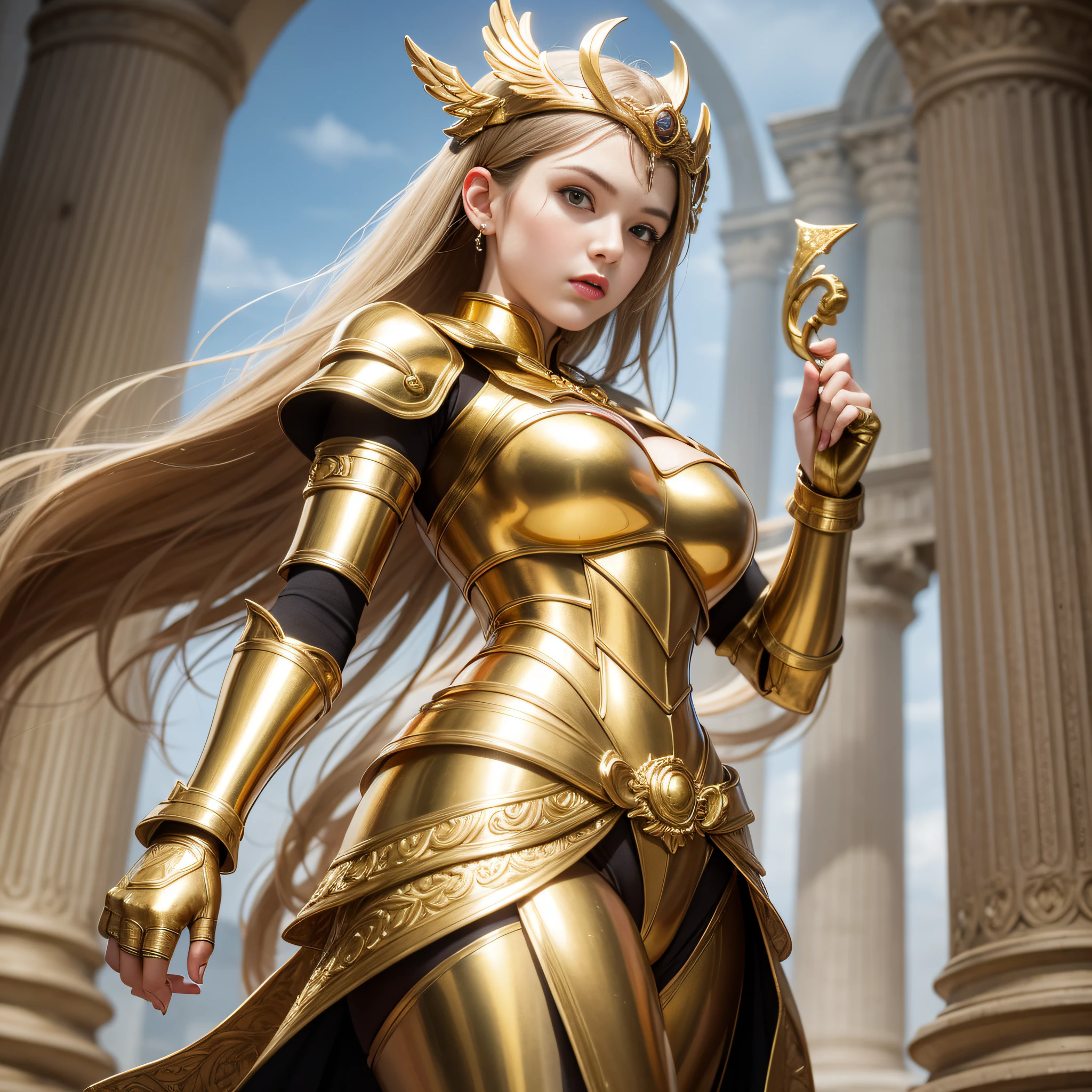 Best quality, masterpiece, super high resolution, (fidelity: 1.4), a woman in golden armor holding a sword and standing in front of a column, golden goddess athena, blonde goddess, angelic golden armor, golden armor, light golden armor, golden goddess , goddess venus athena, stunning goddess giant shot, elegant gold armor , gold armor, roman goddess, extremely detailed goddess, gold armor, greek goddess athena.