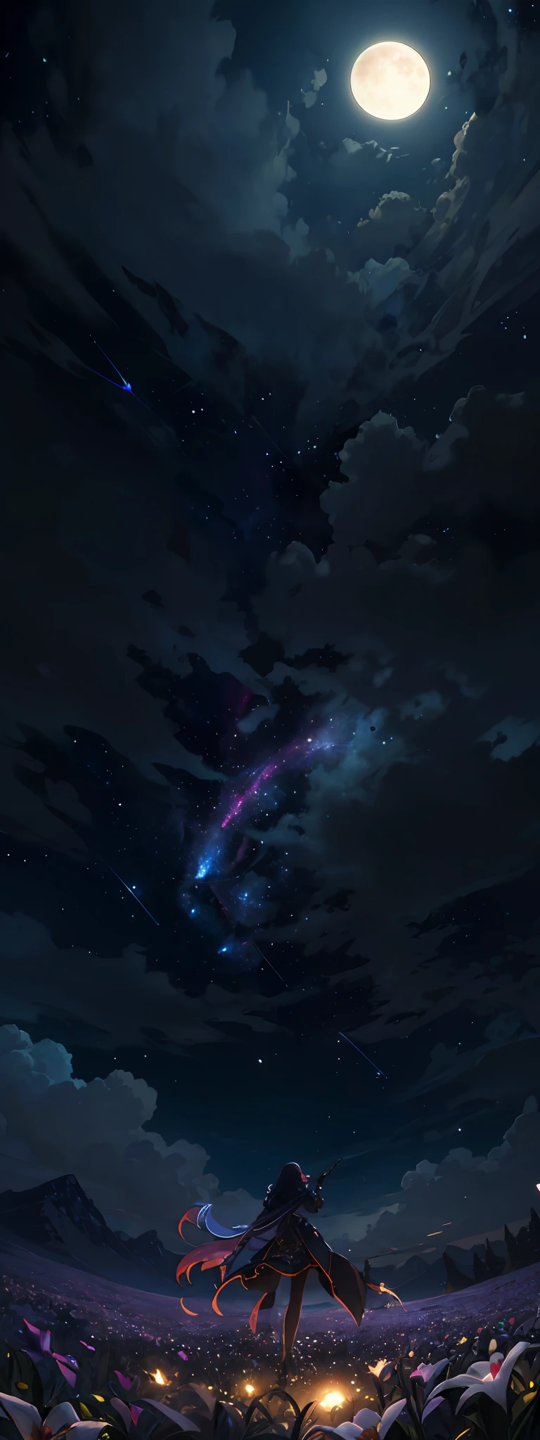 expansive landscape photograph , (a view from below that shows sky above and open field below), a girl standing on flower field looking up, (full moon:1.2), ( shooting stars:0.9), (nebula:1.3), distant mountain, tree BREAK
production art, (warm light source:1.2), (Firefly:1.2), lamp, lot of purple and orange, intricate details, volumetric lighting, realism BREAK
(masterpiece:1.2), (best quality), 4k, ultra-detailed, (dynamic composition:1.4), highly detailed, colorful details,( iridescent colors:1.2), (glowing lighting, atmospheric lighting), dreamy, magical, (solo:1.2)