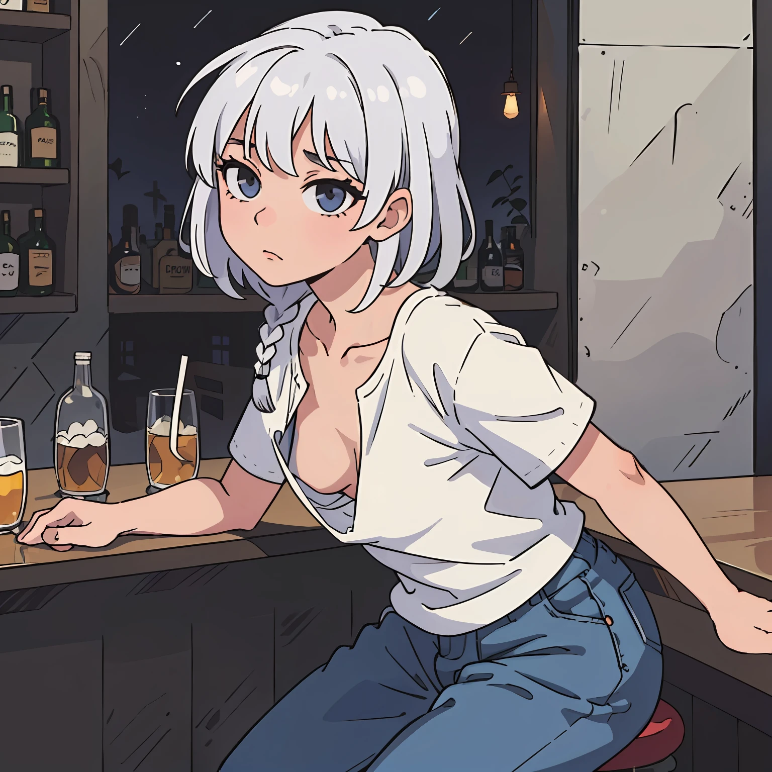 (masterpiece:1.2, best quality), (highly detailed:1.3), 1girl, medium hair, white hair, unkempt hair, braid, loose t-shirt, leaning forward, small breasts, nipple, sitting in bar, drunk, evening, extended downblouse,