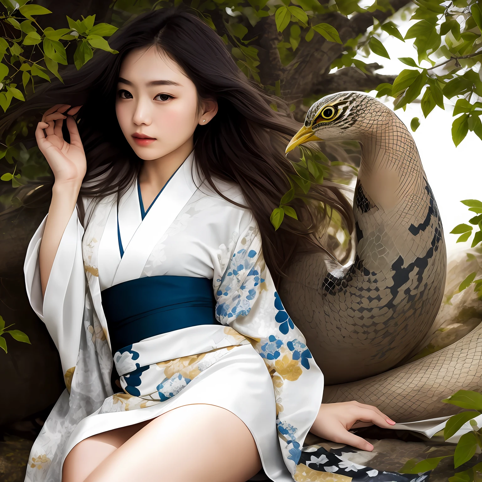 photorealisim、In summer, The tree々Against the background of sunlight from between、Transparent fashion magazine pictures、Young Japan woman in white very thin kimono with bird and snake pattern, Describes a Japan girl wearing a kimono with Hokusai's bird and wood motif over a translucent dress made of lace or mesh fabric. As the sunlight shines through the fabric of the kimono, It creates dynamic shadows and patterns in motifs that seem to meander around the girl's body and legs, Reflecting on her inner desires and passions as a child. This is、Encourage experimentation to create fashion as an interactive system