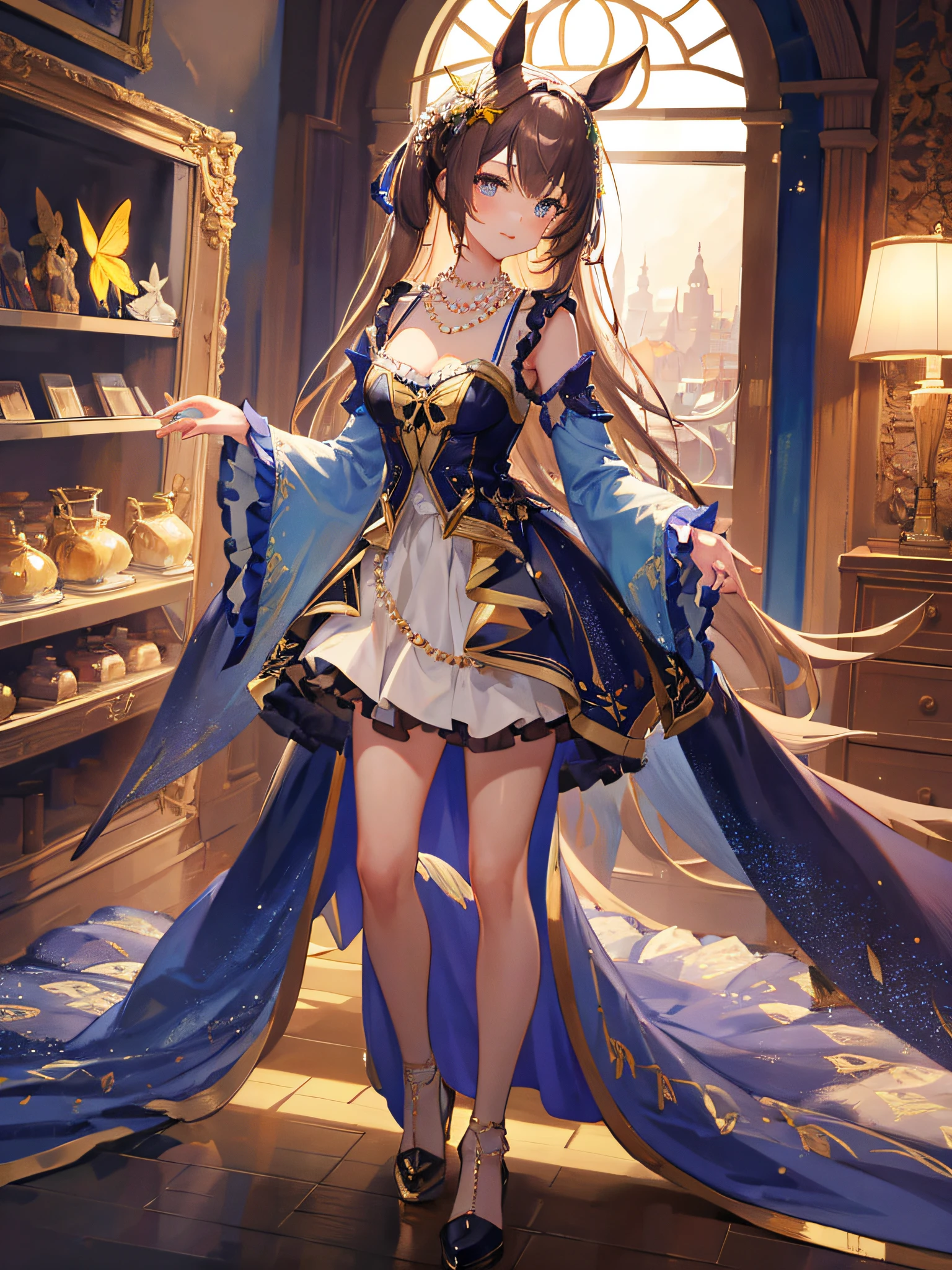 (Masterpiece), (Best quality), (Ultra-detailed), (Solo), 1girll, full body, Complex mirrors, pearls necklace, Embroidery, Sleeve frills, Dress silk overlay, asymmetric dress, Crubnika skirt,Medium-sized breasts, gold city\(umamusume)\, Horse Ears, butterfly style